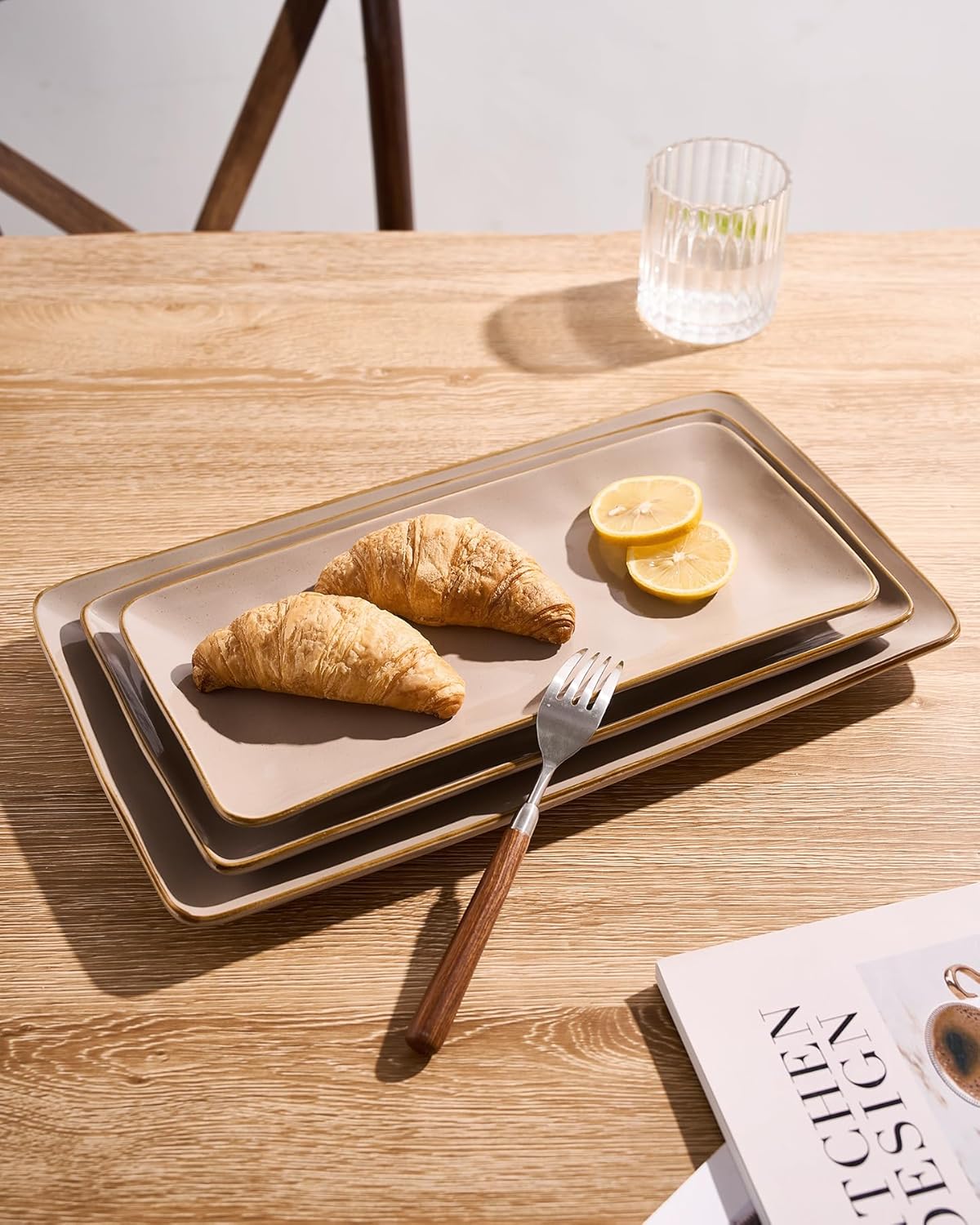 famiware Serving Platter, Rectangular 15.67/14.1/12.6 inch Serving Dishes for Entertaining, Microwave Dishwasher Safe, Stonware Serving Trays for Party, Turkey, Cheese, Ocean Series, Cinnamon Brown