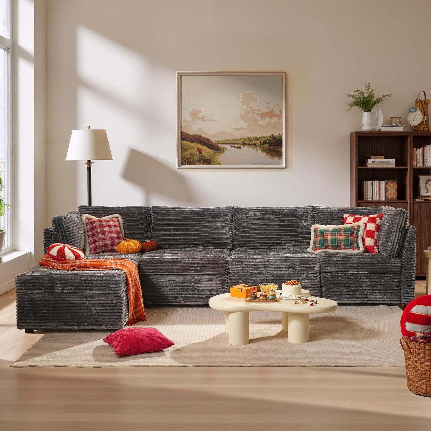 ovios Sectional Sofa Couch with L-Shape Chaise Ottoman, Comfy Modular Cloud Couches with Deep Seat, Modern Upholstered Plush Corduroy Sofas Set for Living Room, 5-Seater, Grey