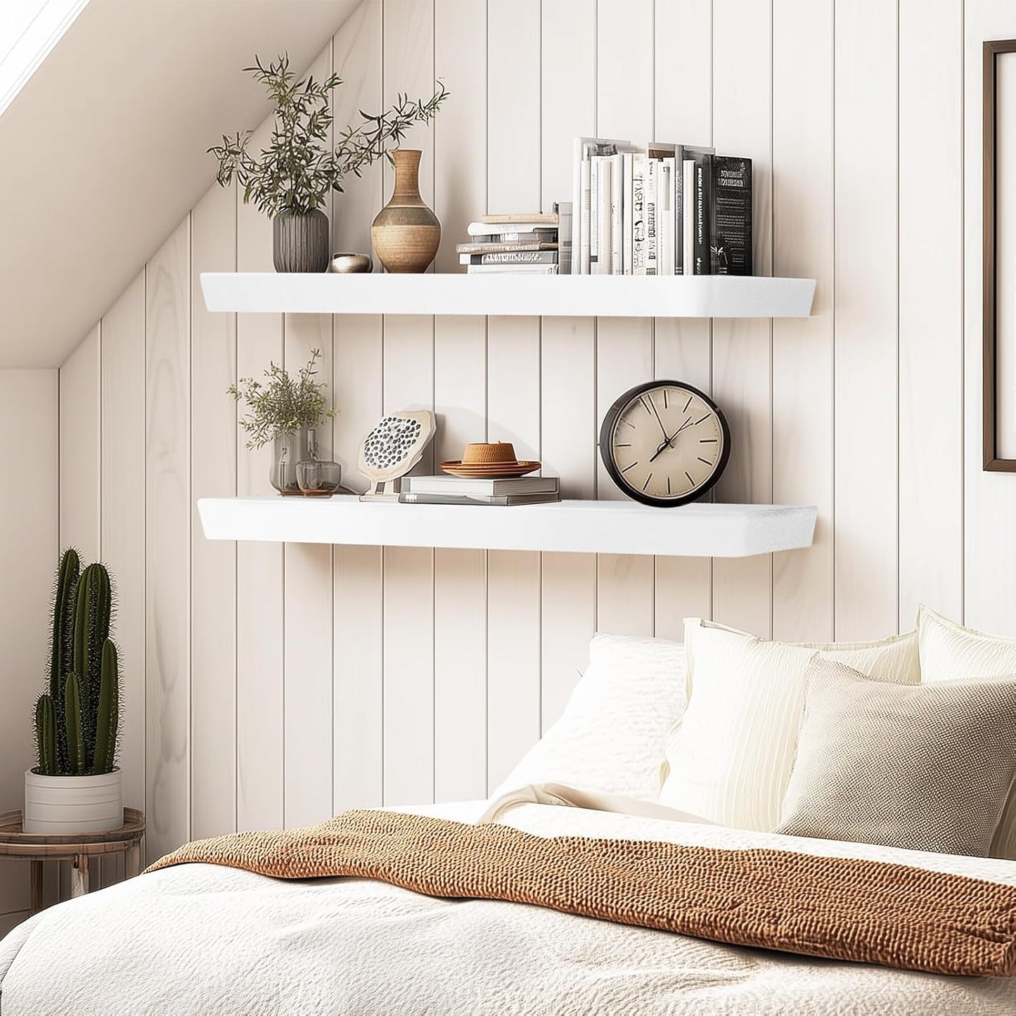 36"x6.8"x1.6" Slanted Floating Wall Shelves 2-Pack - Rustic White Finish, Heavy-Duty Solid Wood Design with Hidden Brackets - Perfect for Living Room, Kitchen, Bathroom, or Office