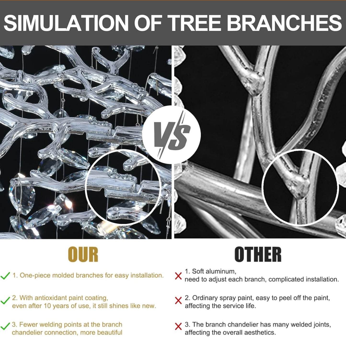 Modern Crystal Silver Chandelier, 55" Large Rectangular Oval Tree Branch Crystal Chandeliers for Dining Room,16-Light Flush Mount K9 Crystal Chandeliers, for Kitchen Island,Dining Room