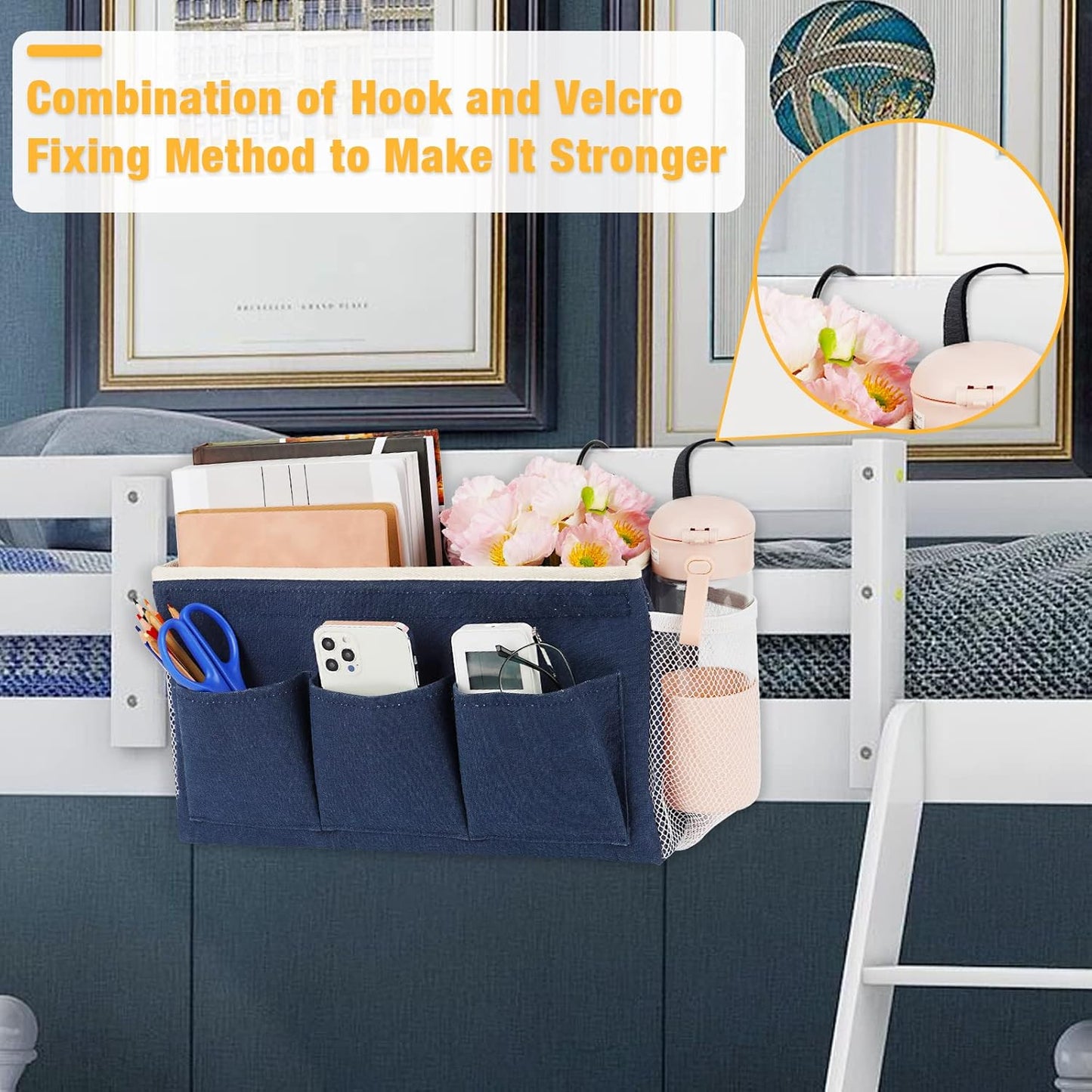 Bedside Caddy Bedside Organizer Bedside Storage Caddy with Fixed Straps and Water Bottle Holder for Home College Dorm Bunk Bed Hospital Bed Crib Bed Rails (2pcs Navy Blue)