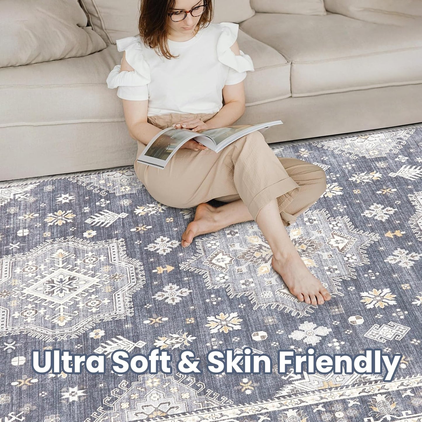 Washable Area Rugs for Living Room -8x10 Neutral Vintage Distressed Floral Farmhouse Boho Large Soft Floor Rug Indoor Non Slip Carpet for Living Room Bedroom Dining Room Office - Denim Blue/Grey