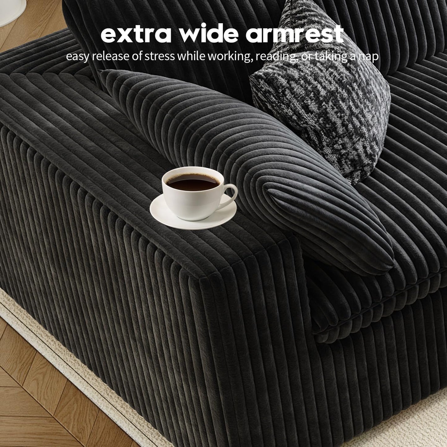 LoveSeat Cloud Couch Modular Sectional Sofa for Living Room,Modern Sofa with Deep Seat，2 Seater Boneless Couch,Comfy Upholstered Corduroy Couches for Apartment, Studio, Office,Bedroom，Black