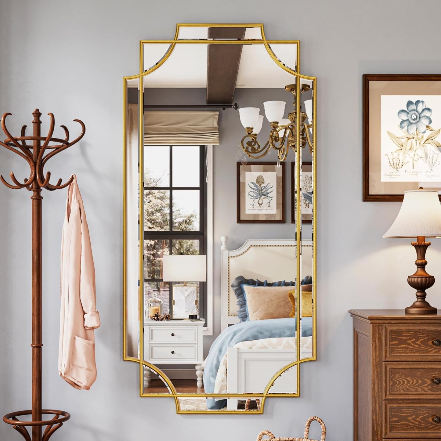 Kelly Miller Large Gold Full Length Mirror for Wall, 60"x30" Full Body Mirror Beveled Scalloped Modern Elegant Home Decor for Bedroom Living Room Bathroom Dressing Room Entryway Hallway