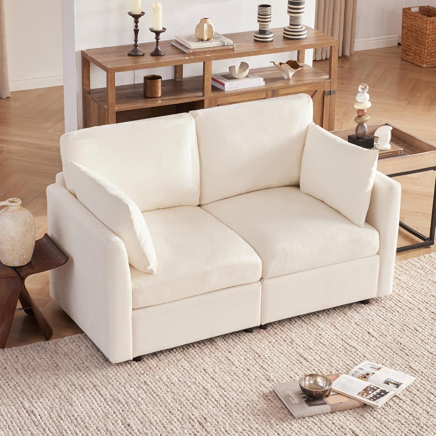Tbfit 59" Loveseat Sofa, Chenille Small Sofa Couch, Love Seat with 2 Pillows for Small Space, Bedroom & Living Room, Beige