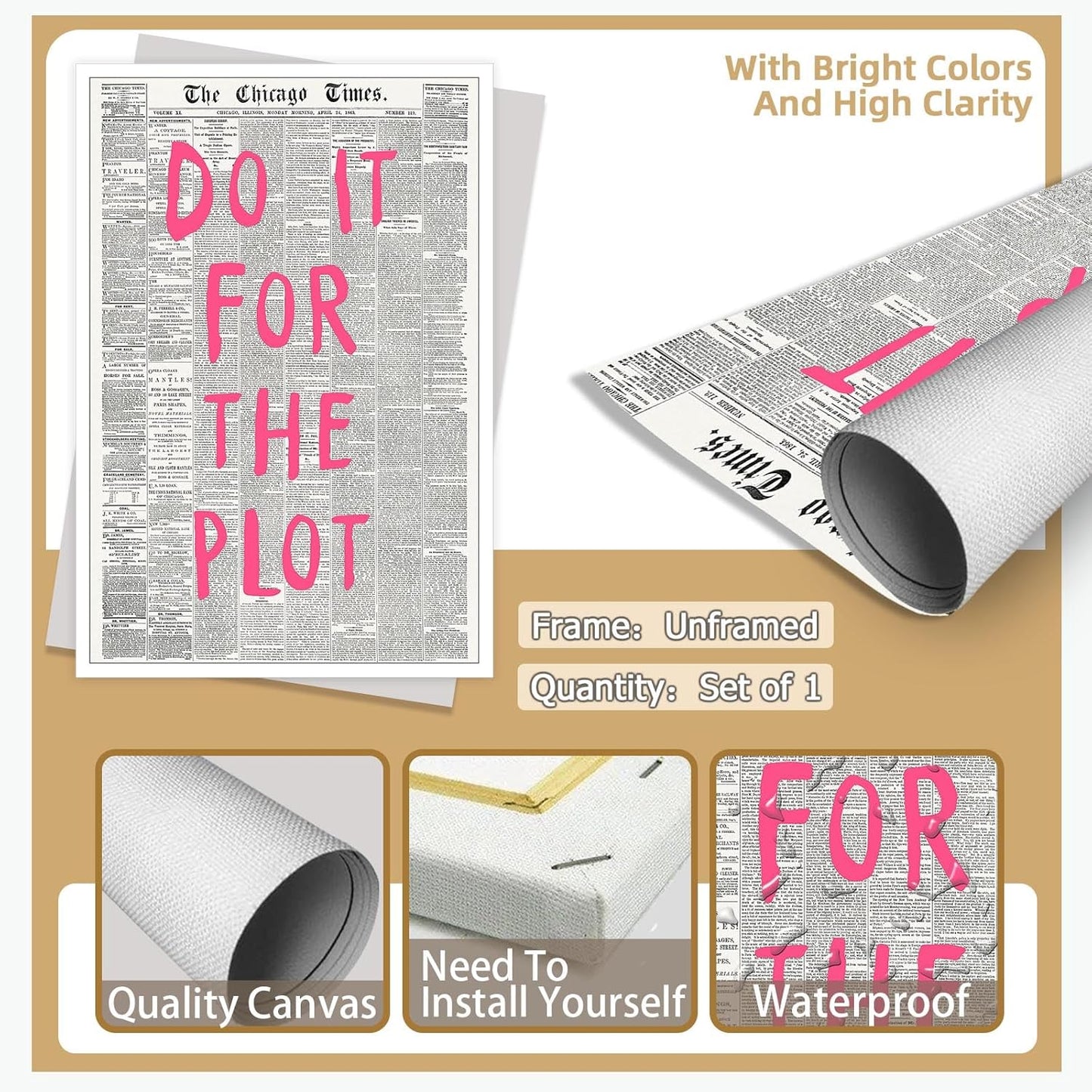 Liyark Retro Black And White Chicago Newspaper Poster Pink Trendy Preppy Apartment Art Motivational Affirmation Do It For The Plot Prints For Home Bedroom Living Room Wall Decor 24x36in Unframed