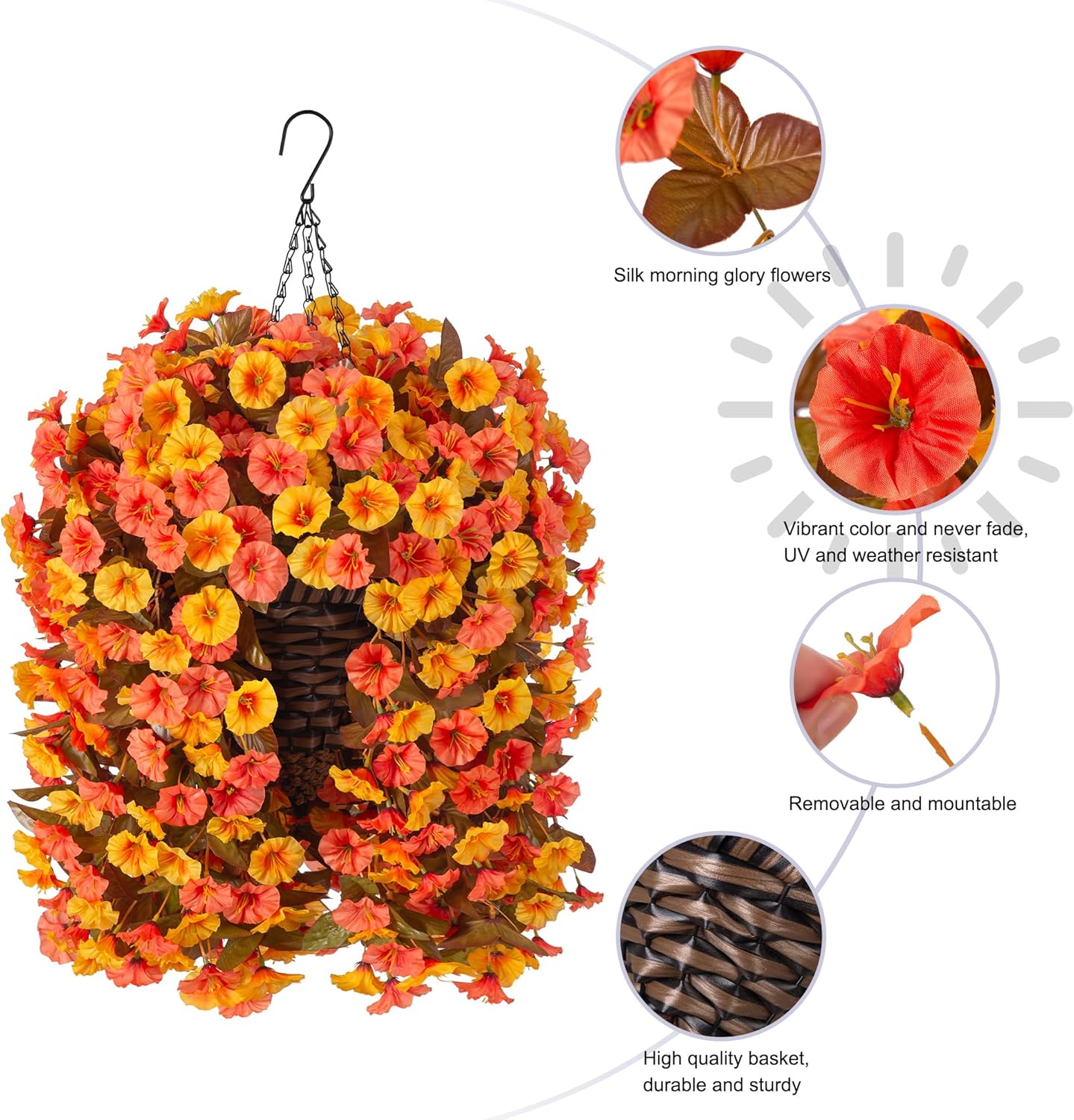 Artificial Fall Fake Hanging Flowers Plants Basket for Outdoor Autumn Decoration, Faux Silk Morning Glory Long Stems Vines Realistic UV Resistant for Outside Home Porch Garden (Fall Orange+Yellow)