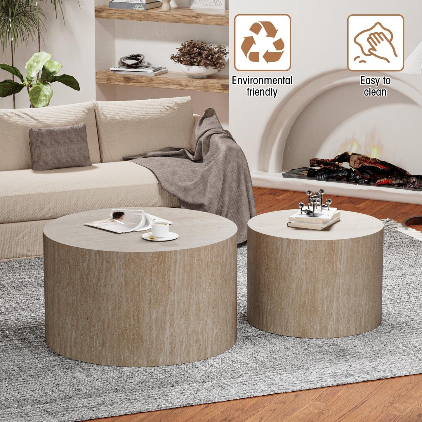 Round Nesting Coffee Table Set of 2 Modern Wood Coffee Tables Handcraft Drum Coffees Table Farmhouse Round Sofa Side Tables End Table for Living Room Small Spaces, No Assembling (Travertine Large)