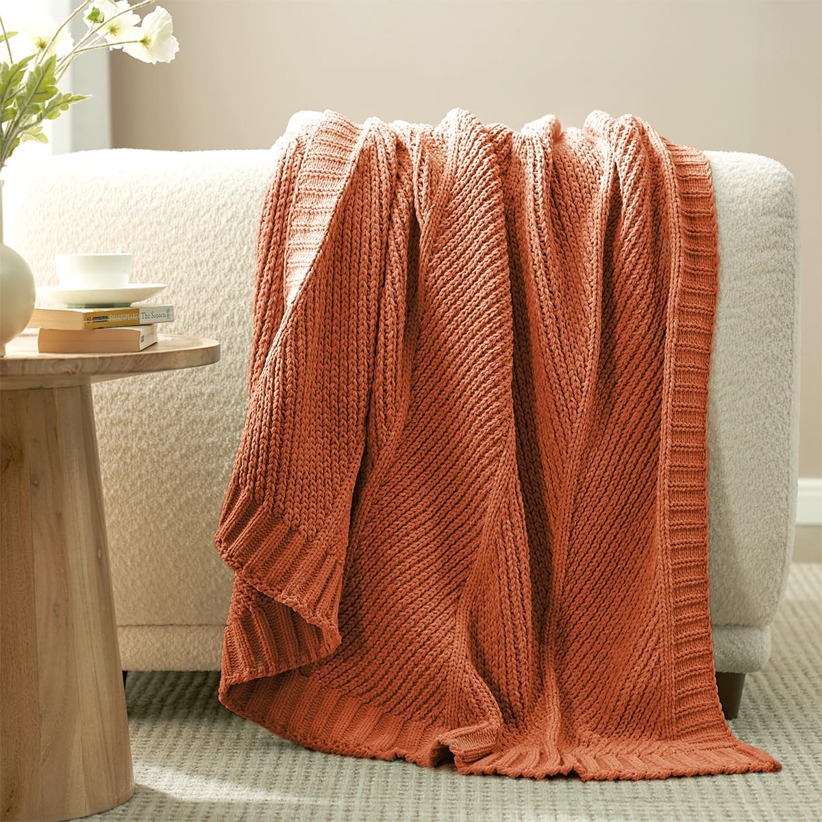 Amélie Home Chenille Knit Throw Blanket for Couch, Chevron Texture Decorative Soft Blanket for Sofa, Bed & Chair, 50"x60", Burnt Orange