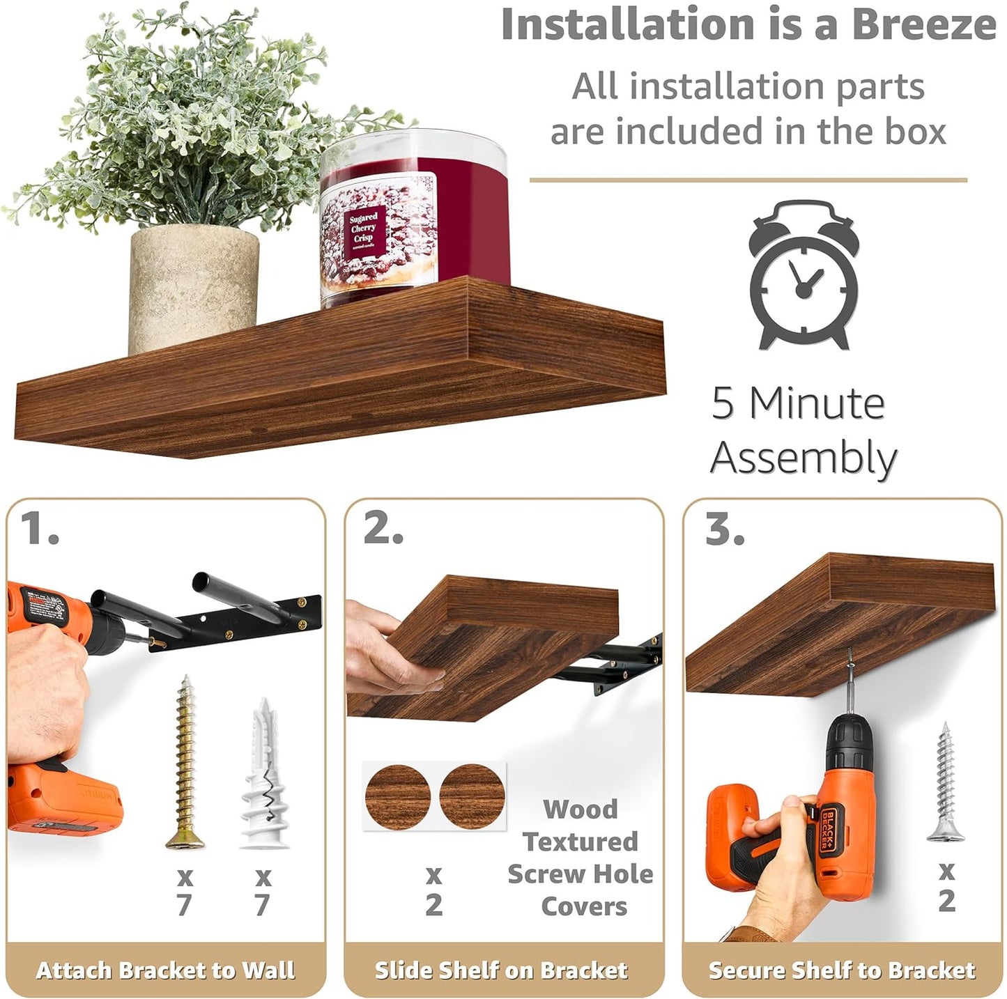 Sorbus Floating Shelves for Wall, Bathroom Shelves Wall Mounted for Kitchen, Bedroom, Bathroom Storage Over Toilet, Hanging Book Shelf for Ｗall Home Decor Living Room (Walnut, 3 Pack)