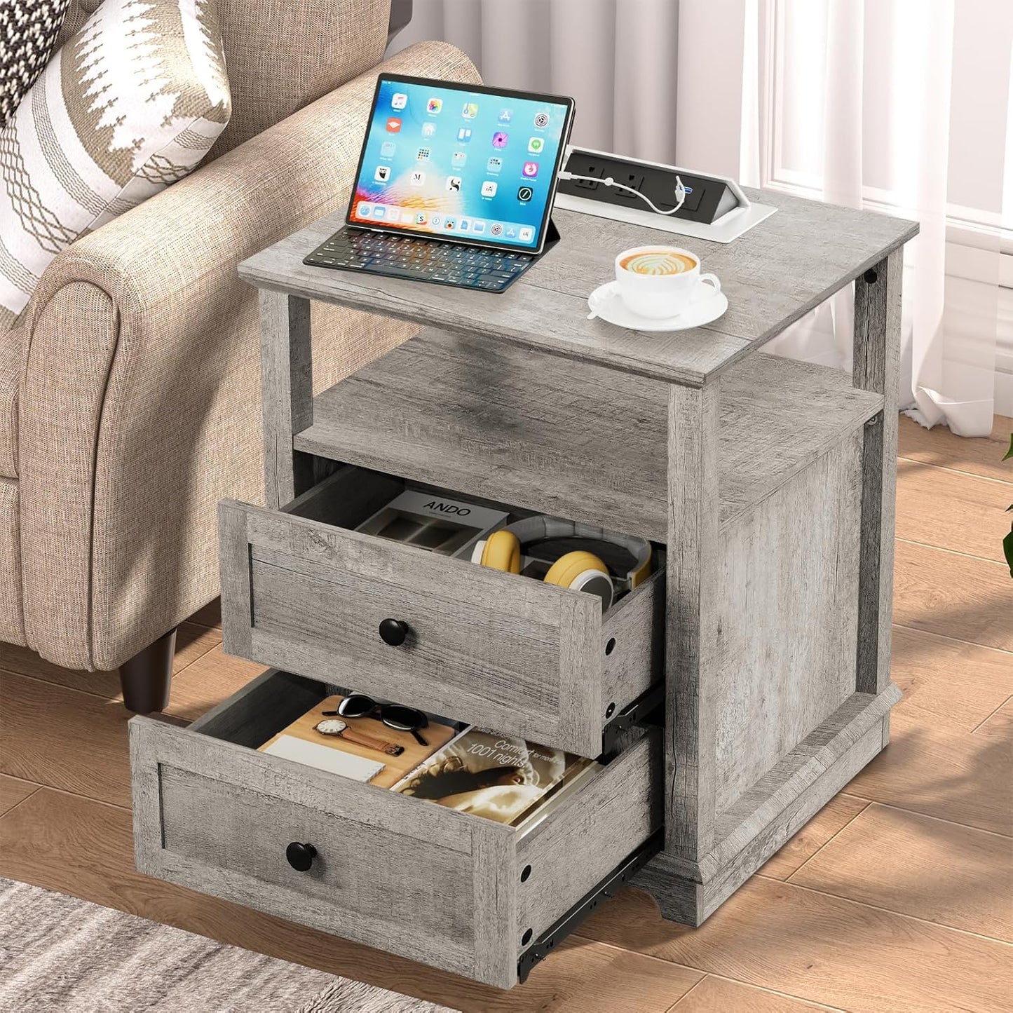 HIFYOBRO End Table with 2 Drawers and Charging Station, Type-C & USB Port & Power outlets, Wooden Storage Cabinet, Large Side Table with Storage for Living Room and Bedroom