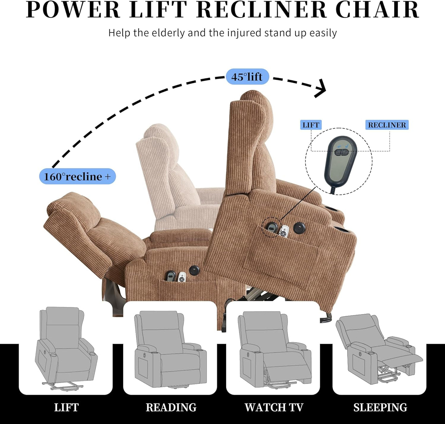 Lift Recliner Chair for Adults with Massage and Heating, Power Lift Recliner Chairs for Elderly, Corduroy Fabric Reclining Chair with USB &Type-C Port, Cup Holders, L6111 (Brown)