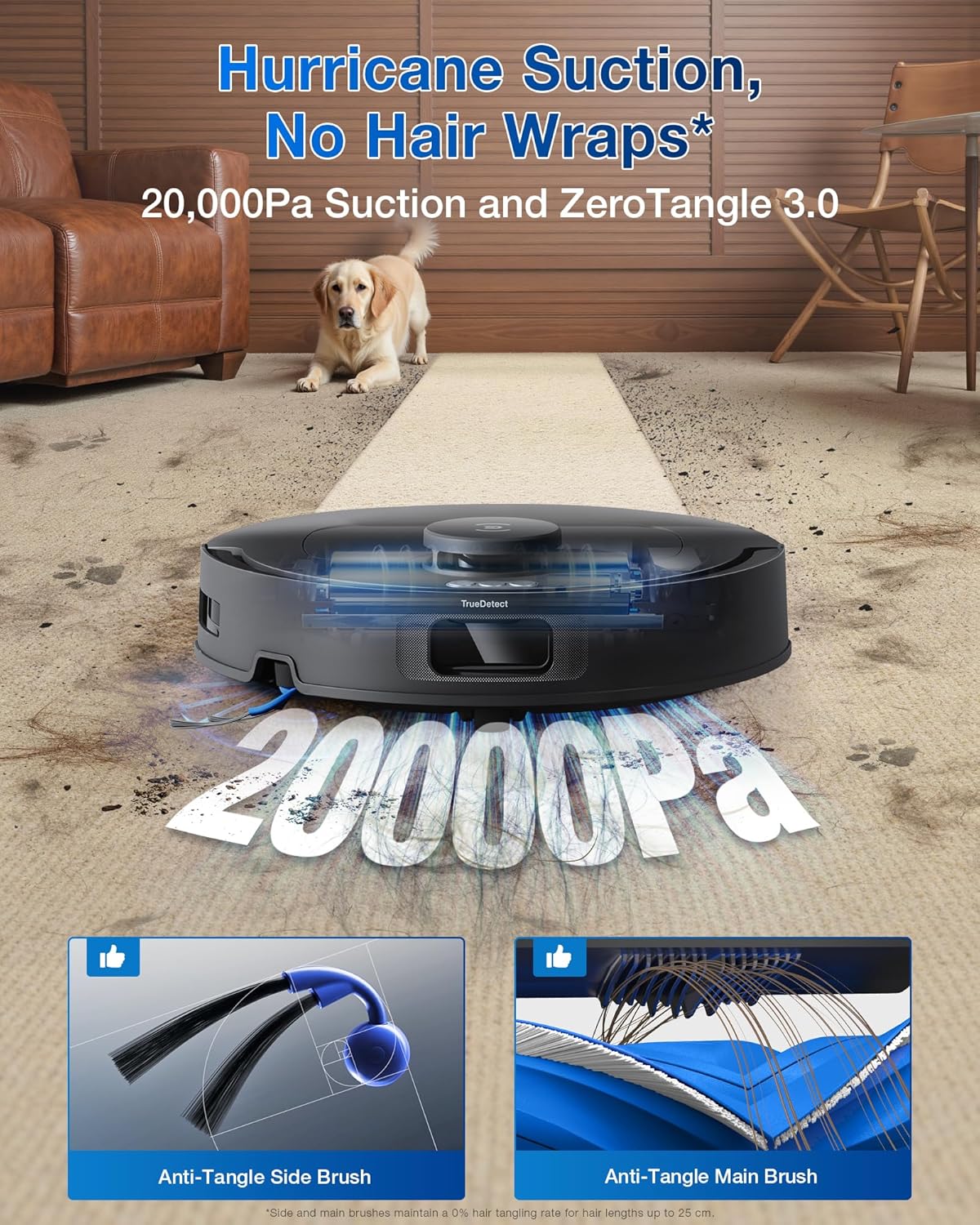 ECOVACS DEEBOT T30C Robot Vacuum and Mop, 20,000Pa Suction, TruEdge Adaptive Edge Mopping, ZeroTangle 2.0 Technology, Hot Water Washing, Self-Emptying, Auto-Lift Mopping, Obstacle Avoidance