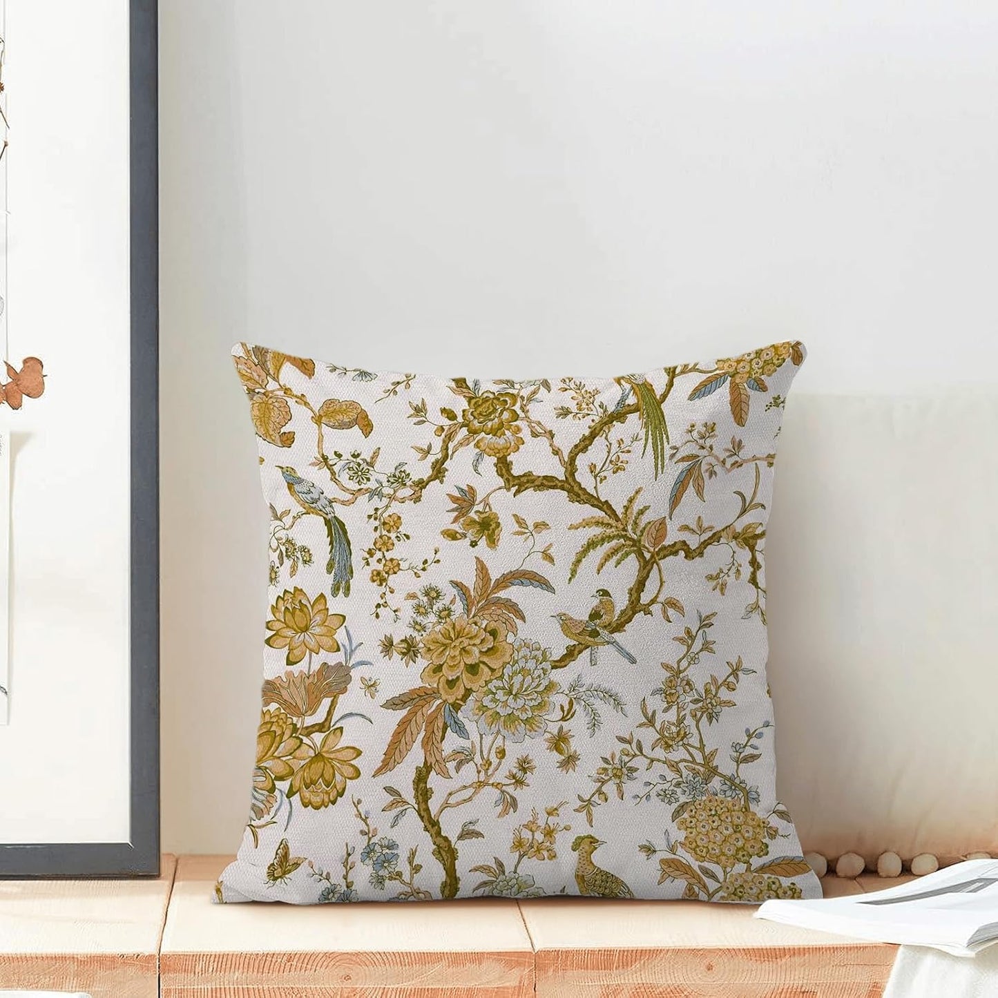 CXMEIFLY Summer Floral Birds Pillow Covers 20 x 20 Inch Set of 2 for Chinoiserie Flowers Spring Decor Throw Pillows Mustard Yellow Plant Outdoor Decorative Cushion Cases for Couch Bed Decorations