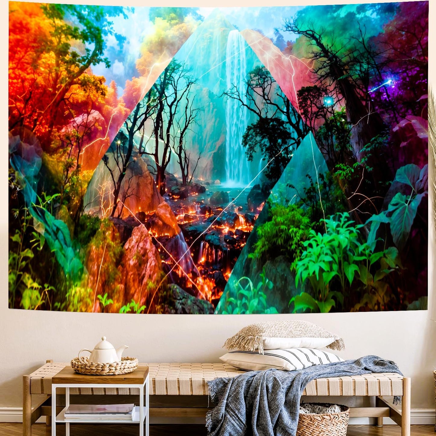 Delur Forest Tapestry Waterfall Mountain Rainforest Sunset Nature Tree Tapestry Wall Hanging Scenic Tropical Landscape Natural Sunrise Headboard for Bedroom Living Room Home Decor (51.2" x 59.1")