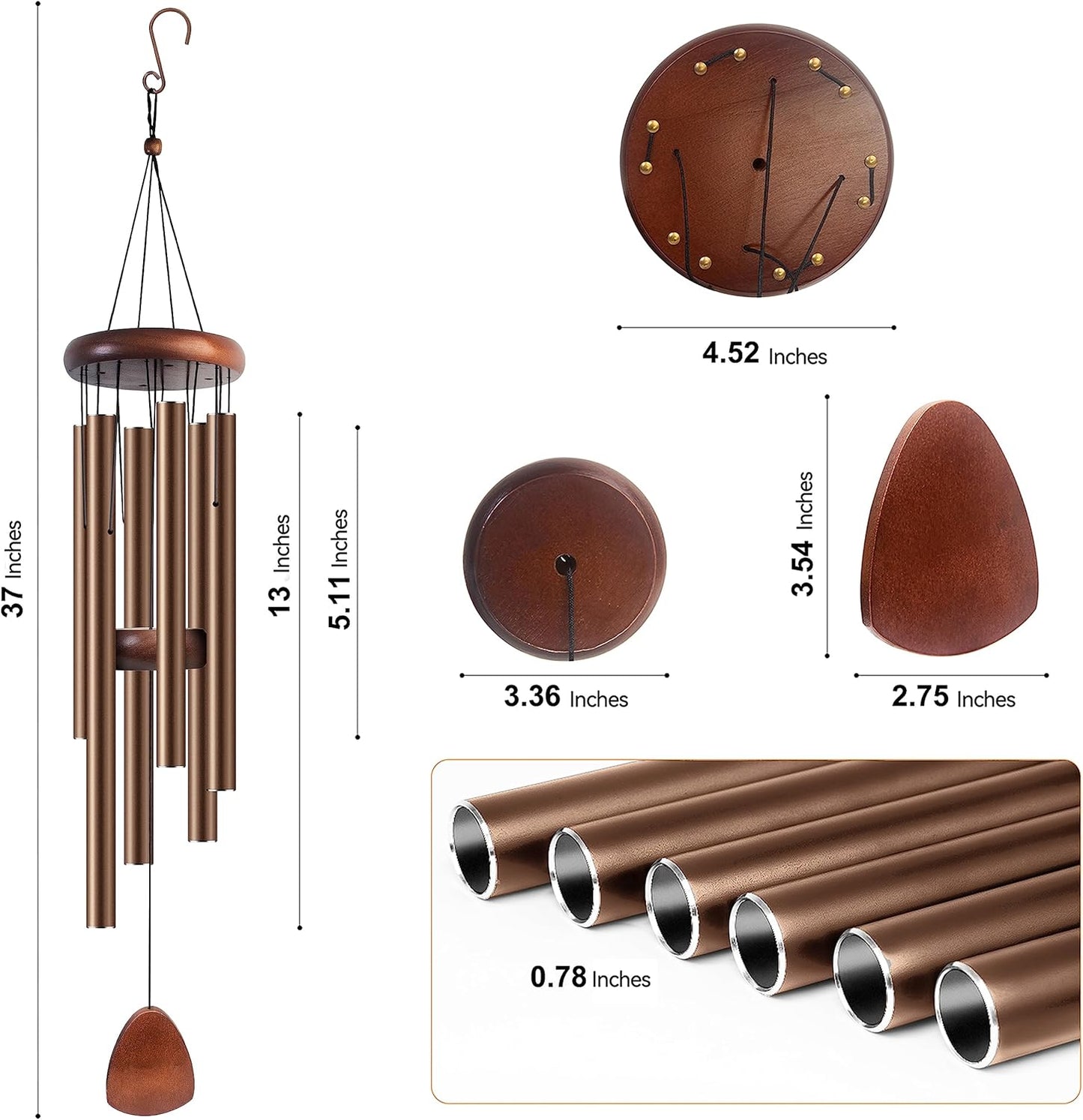 Large Aluminium Wind Chimes 37 Inches to Create a Zen Atmosphere Suitable for Outdoor, Garden, Patio Decoration. Classic Wind Chimes with Wind Catcher Suitable as A Gift for Unisex(Coffee)