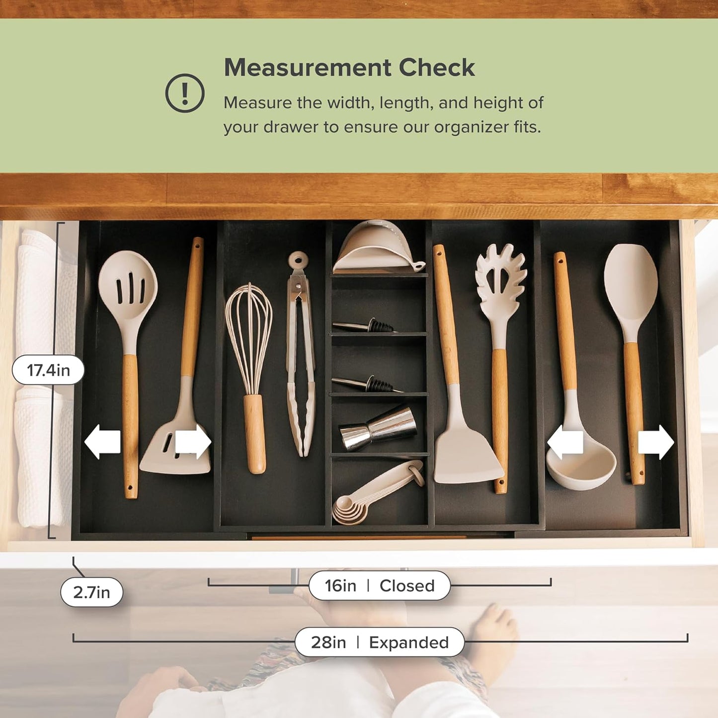 Adjustable Kitchen Drawer Organizer for Utensils and Junk, Food-Safe Contract Grade with 100% Sustainable Wood, Expandable from 16 to 28 Inches Wide - Black Bamboo