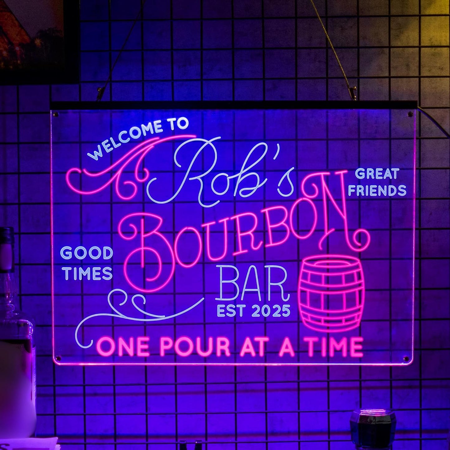Personalized Bourbon Bar Signs with Your Name for home wall light up with personalized pub name, man cave accessories, beer themed neon customizable lighted sign