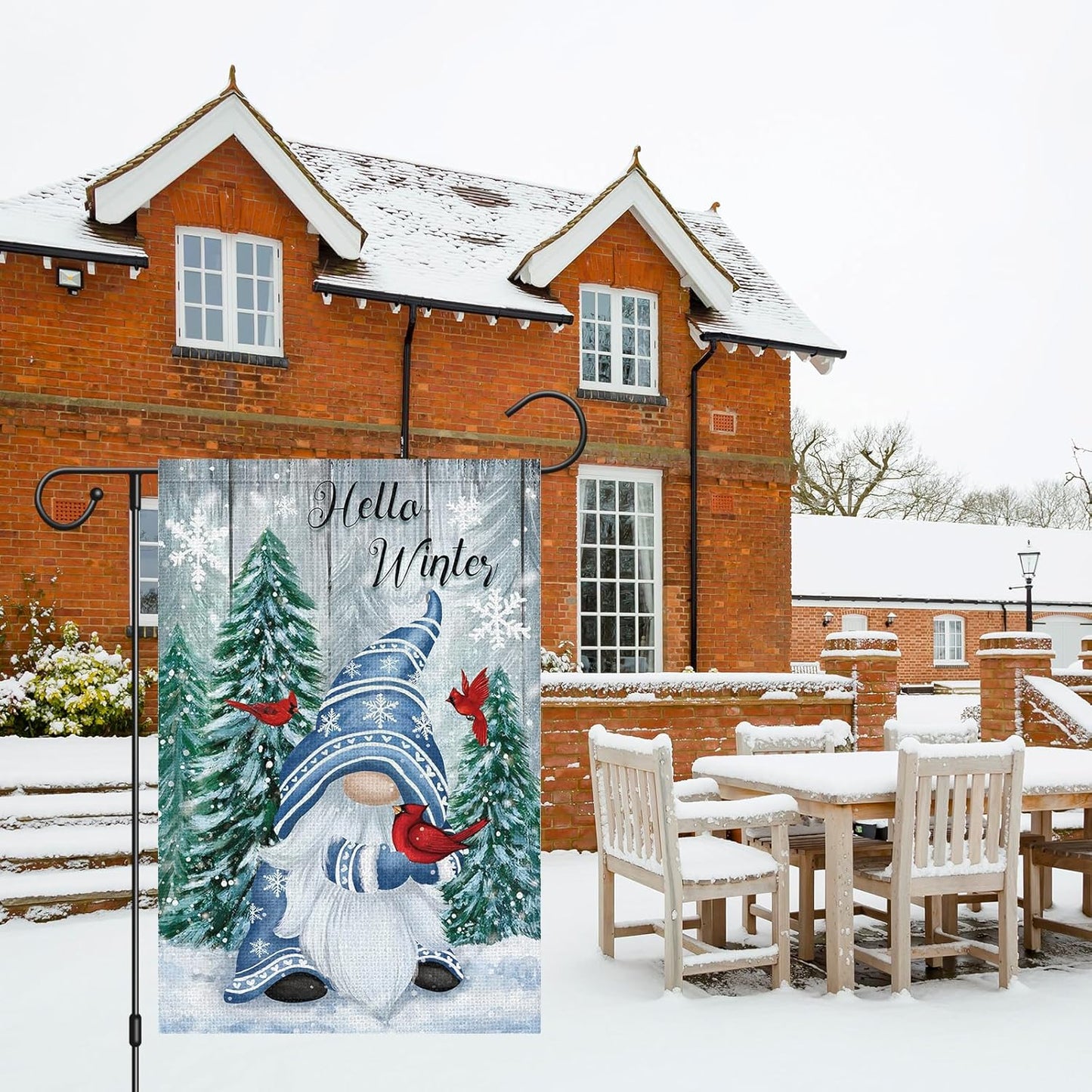 Hello Winter Gnome Garden Flag 12x18 Double Sided Burlap Cardinals Snowflakes Snow Yard Flags for Christmas Seasonal Outside Outdoor House Decoration (ONLY FLAG)