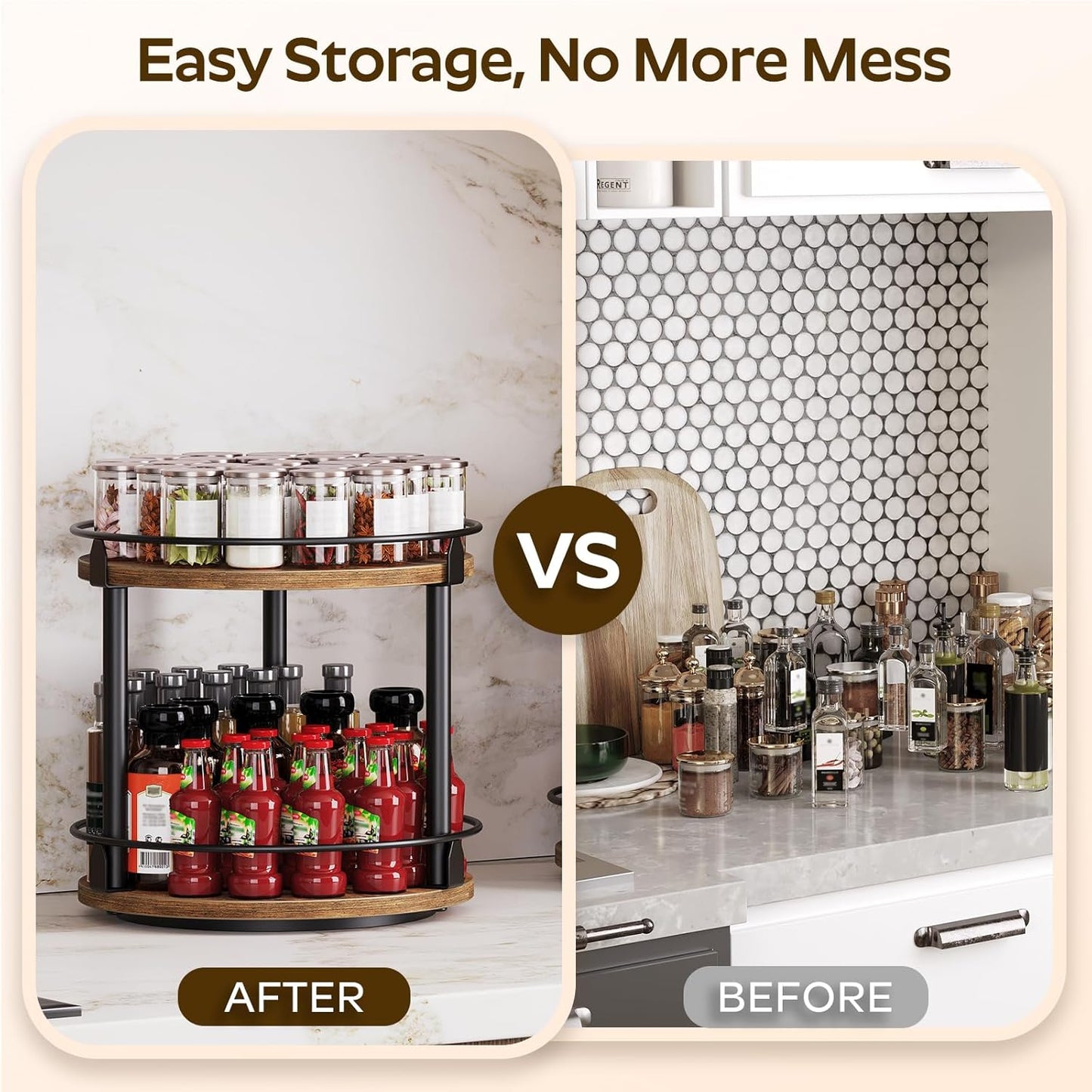 Spice Rack, Set of 2 Lazy Susan Organizer, 2-Tier Turntable Organizer, Rotating Spice Rack Organizer For Cabinet, Compact and Versatile, for Kitchen Countertop, Rustic Brown SR22L2BR