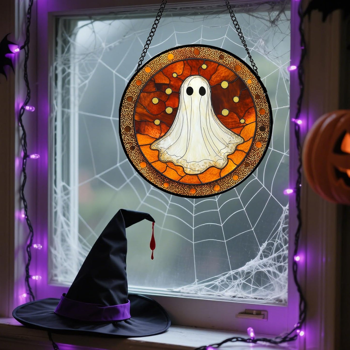 Stained Glass Window Hanging - Halloween Decorations White Ghost Suncatcher for Doors Garden Indoor Spooky Funny Orange Sun Catchers Gothic Decor Horror Gifts for Women Men Friend 9.8 in