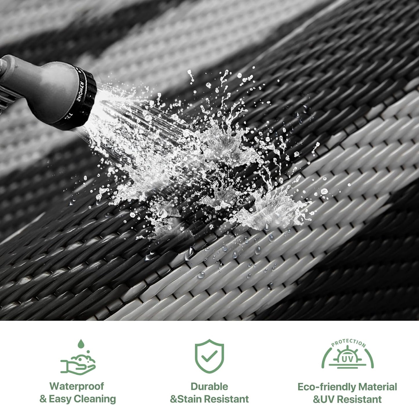 GENIMO Outdoor Rug Waterproof 6'x9' for Patio, Foldable Reversible Plastic Straw Carpet for Travel Trailers, Outside Area Mat for Rv, Deck, Picnic, Porch, Camper, Balcony, Beach, Black & Grey