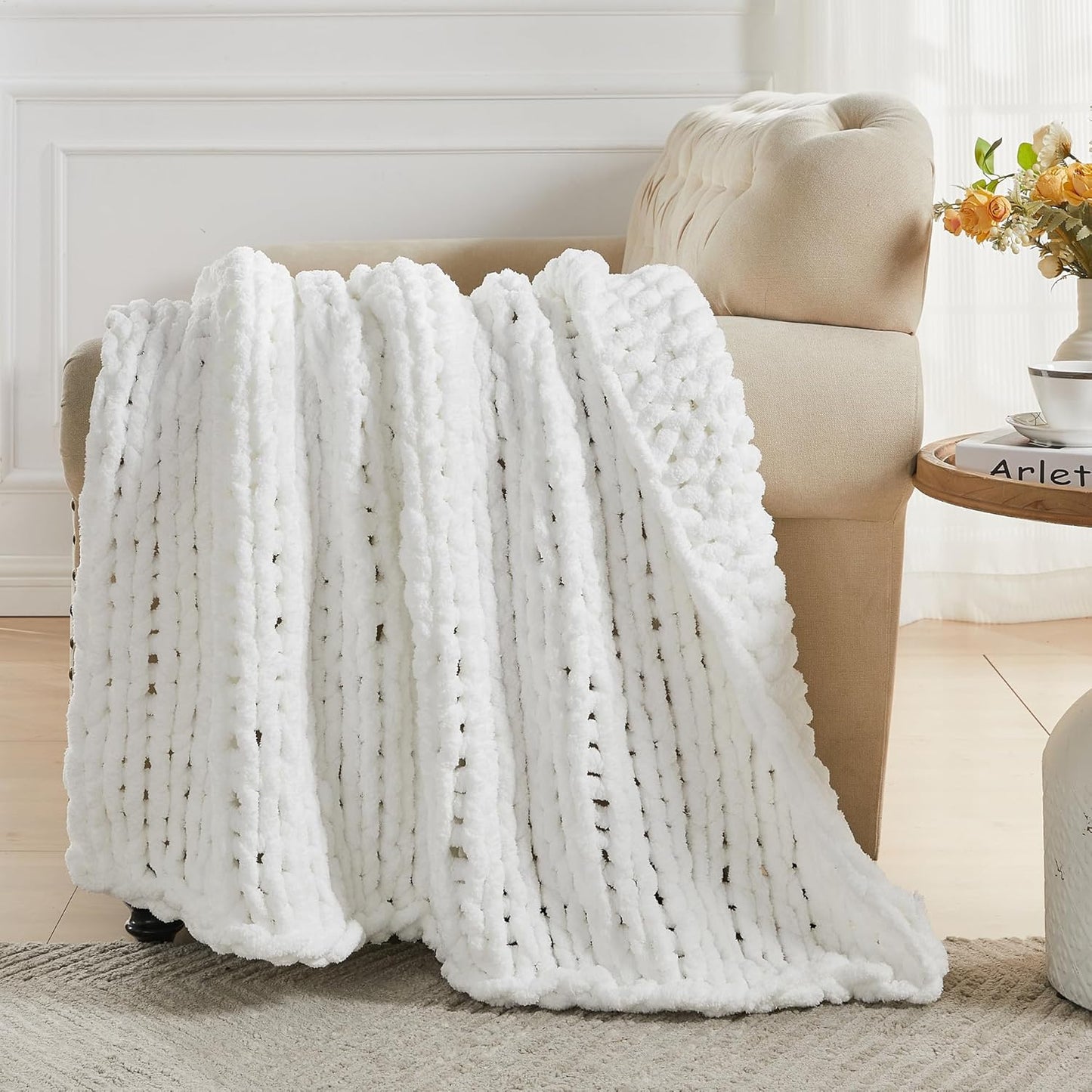 Carriediosa Chunky Knit Throw Blanket 60" X 80" Twin, 100% Hand Made Large Chenille Loop Yarn Soft Fluffy Throws for Couch Sofa Bed, Big Crochet Cozy Heavy Thick Cable Woven Blankets, Snow White