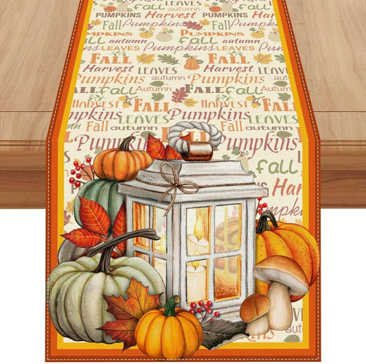 Linen Fall Table Runner 36 Inches Long - Farmhouse Leaves Pumpkin Table Decor for Autumn Thanksgiving Home Kitchen Dining Room Decorations