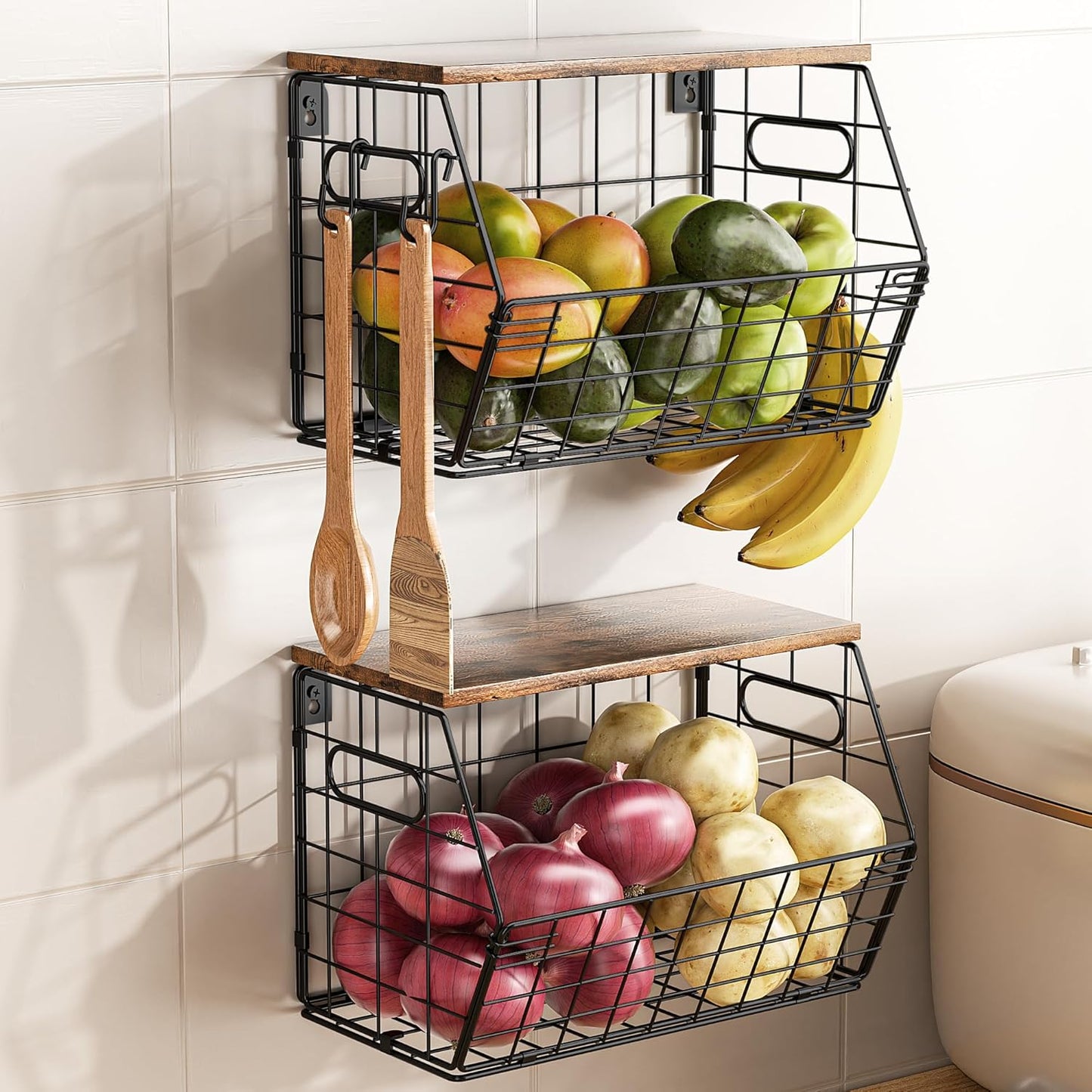 Delamu 2-Pack Stackable Metal Fruit Basket with Wood Lid-Wall Mounted & Countertop Organizer for Kitchen,Pantry- Ventilated Storage for Onions,Potatoes,Fruits,Spices (12"x 8"x 8-5/16")