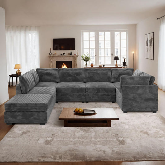 ovios Sectional Sofa Couch with U-Shape Chaise Sofa Bed, Comfy Modular Cloud Couches with Deep Seat, Modern Upholstered Plush Corduroy Sofas Set for Living Room, 7-Seater, Grey