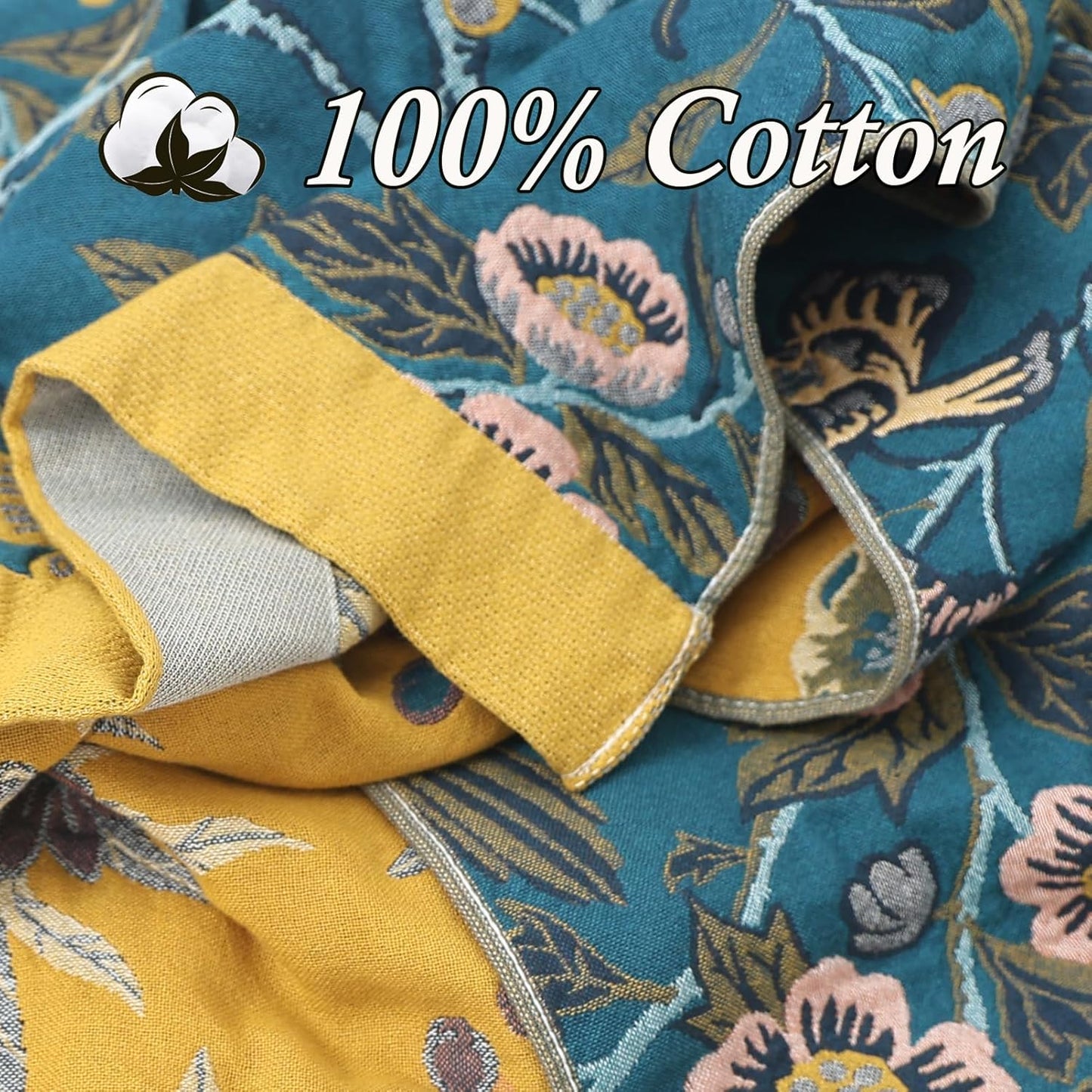 Snycler Boho Throw Blanket for Bed - 100% Cotton Ultra Soft Rustic Quilt Blanket Green Bird Floral Printed Farmhouse Decor Bed Blankets, 80"×90" All Season Rustic Throw for Sofa Couch Chair