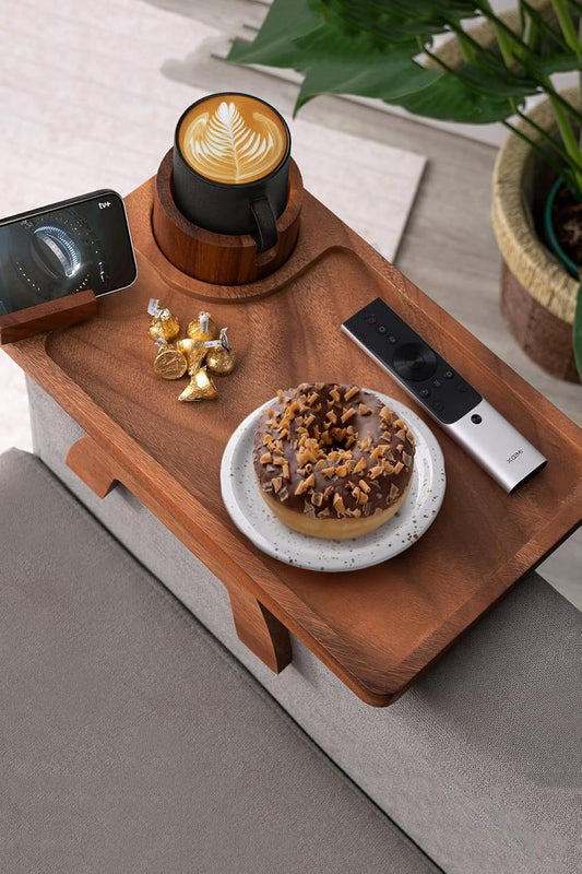 Sofa Arm Tray, Acacia Wood Couch Cup Holder, Portable Large Sofa Armrest Tray Anti-Spill Beverage Snack Remote Holder