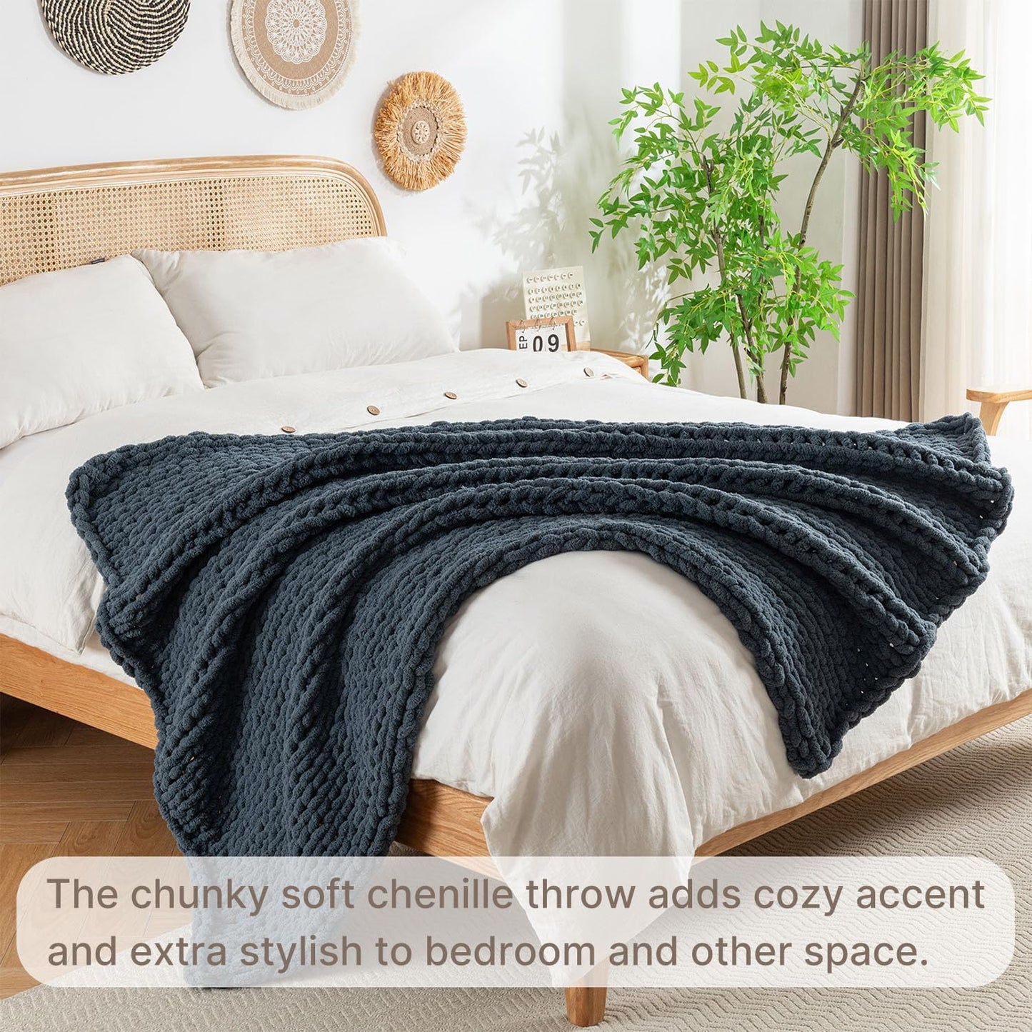 Chunky Knit Blanket Throw, 100% Hand Knit Throw Blanket Handmade Chenille Cable Knit Throw for Couch, Stylish Cozy Soft Rope Knot Crochet Blanket for Home Decor, Blue Mirage, 40x50 Inches