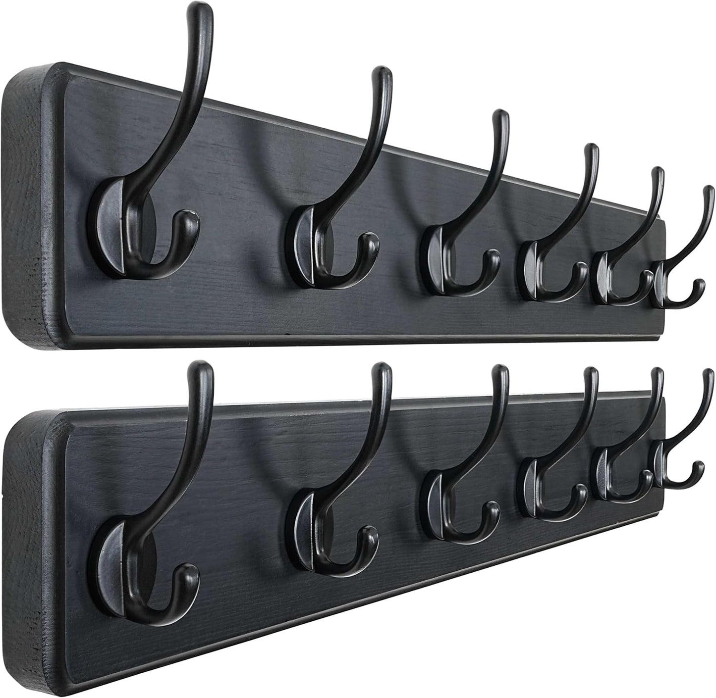 Dseap Wall Mounted Coat Rack: 24" Long, Patented, Heavy-Duty, 6-Double-Hooks Wooden Hanger Rail for Winter Coats, Hat, Jacket, Clothing - Black, Pack of 2
