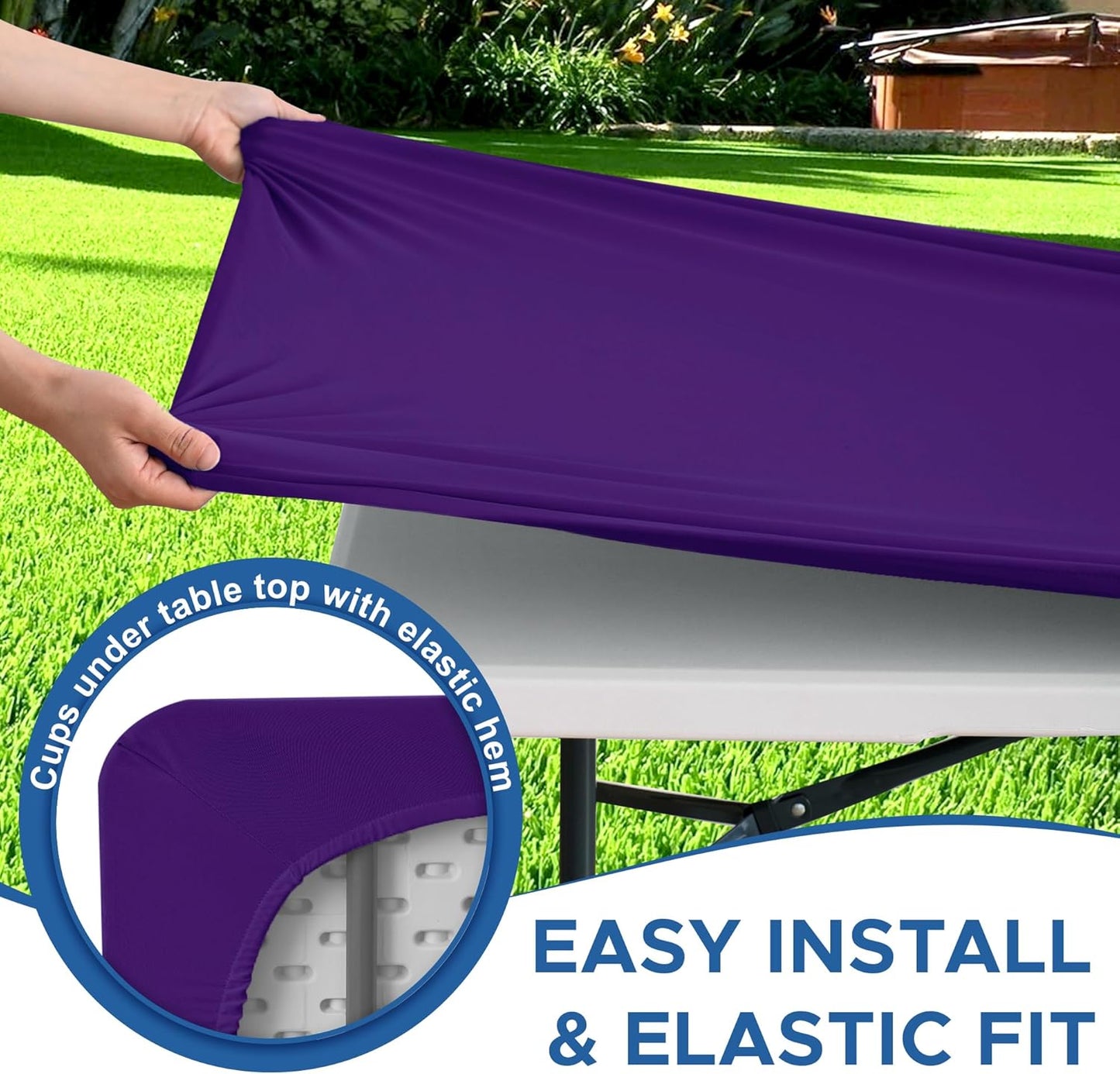 Fitted Tablecloth for 8 foot Rectangle Table-4 Pack Dark Purple Elastic Outdoor Picnic Table Cover-Spandex Stretch Folding Tablecloths 8ft for Camping Dining Room Patio Kitchen Banquet Party