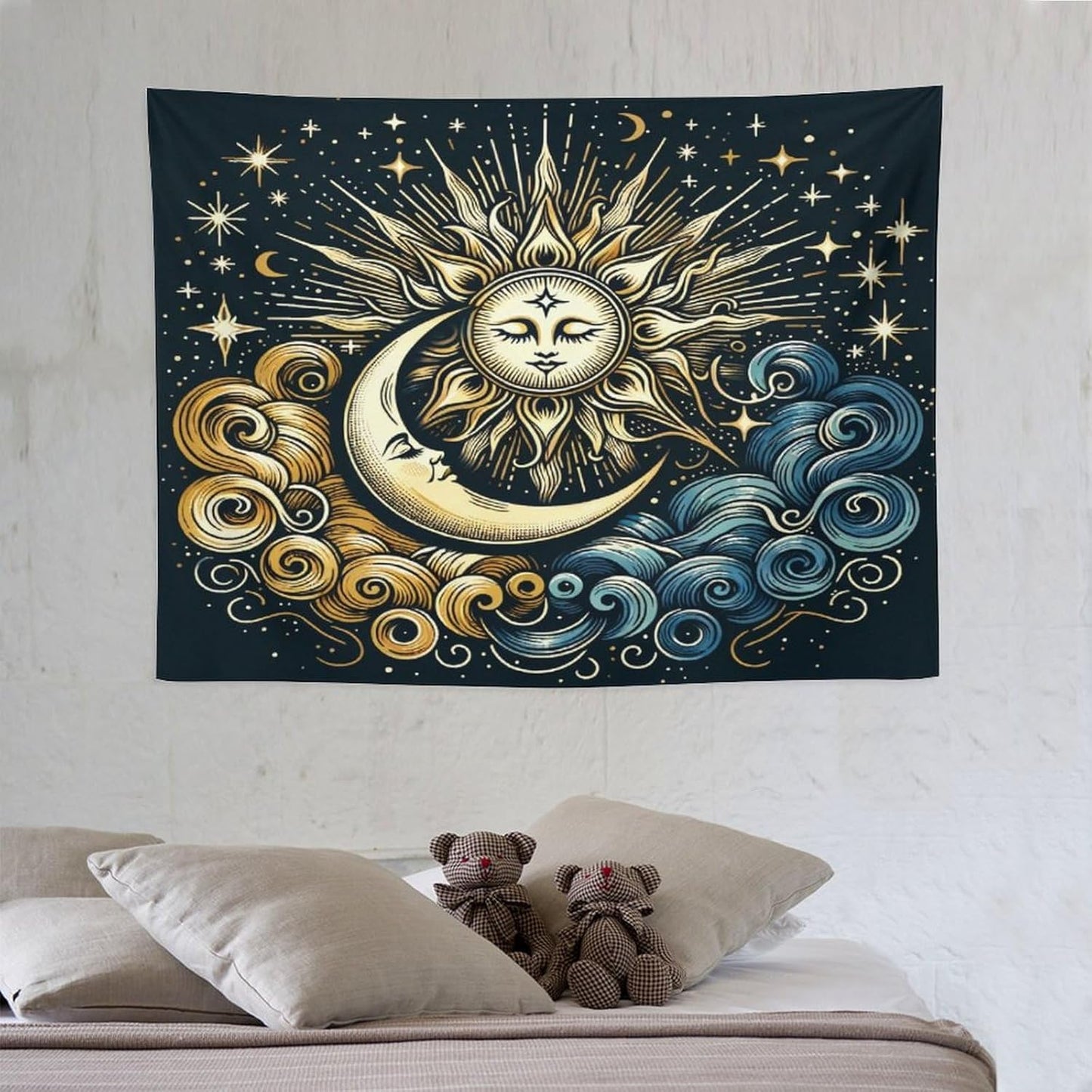 HZOHNAGO Sun Moon Tapestry Boho Golden Stars Pattern Printed Wall Tapestry Wall Hanging for Bedroom Living Room Dorm 40" W x 30" H