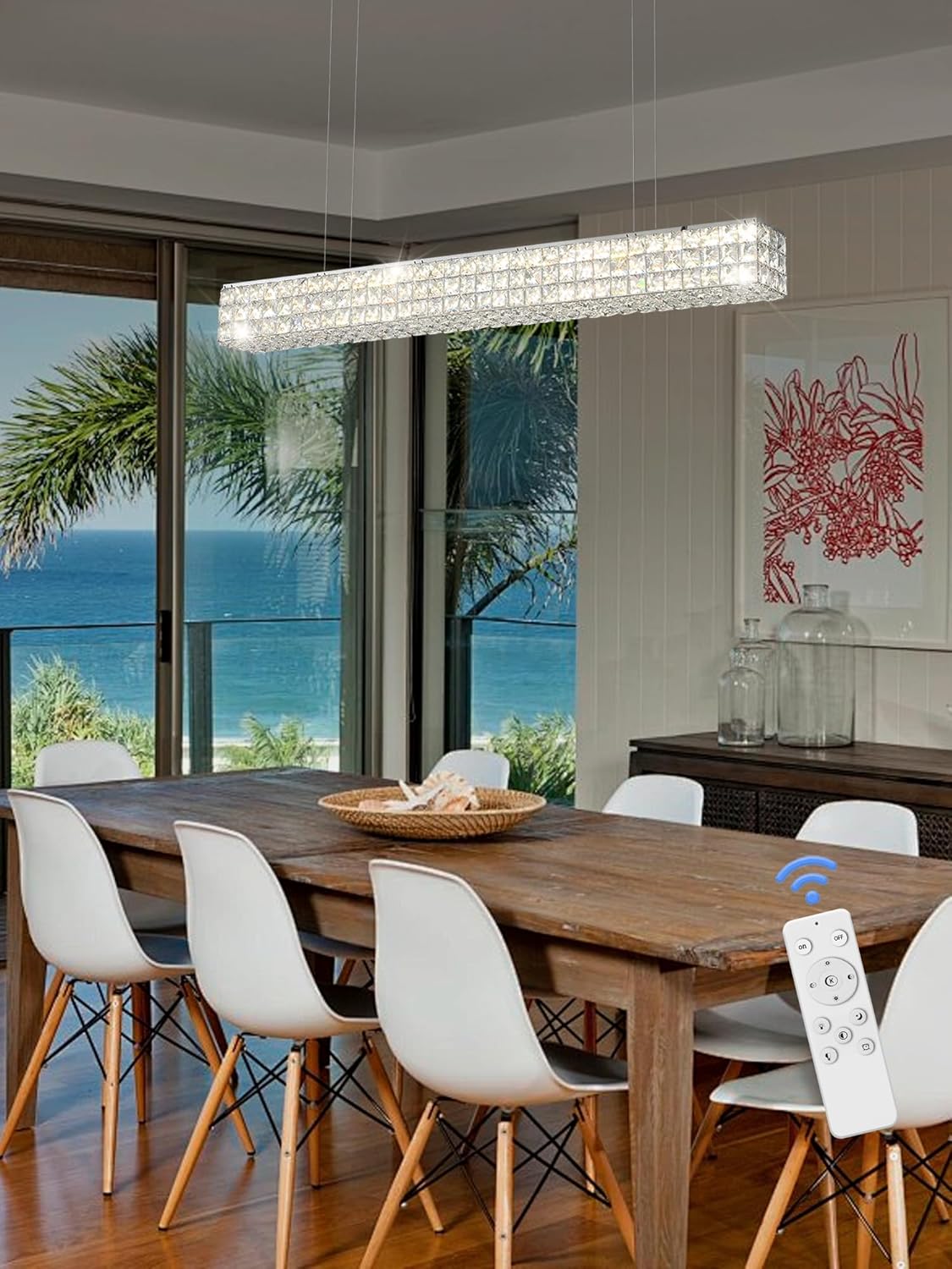 Modern Crystal Chandelier Silver Rectangular Crystal Chandelier Contemporary Linear Pendant Ceiling Light Fixture for Living Dining Room Kitchen Island (L 40")