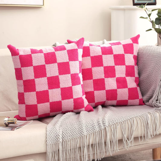 Alysheer Checkered Embroidered Decorative Throw Pillow Covers 18"x 18" Set of 2, Farmhouse Cottage Hot Pink Plaid Tufted Patterned Cotton Canvas Cushion Case for Sofa Couch Bed Living Room
