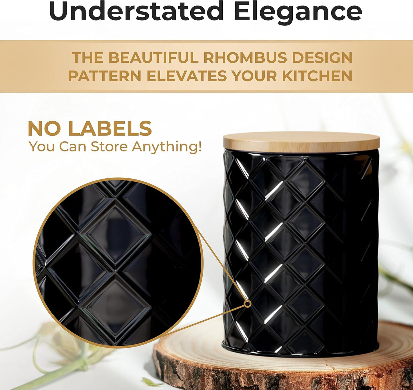 Pebble & Stem® Black Metal Canister Set for the Kitchen Counter, Food Canister Set of 4, Airtight Lids, Sugar and Flour Containers for Countertops, Coffee and Tea Storage, Farmhouse Decor