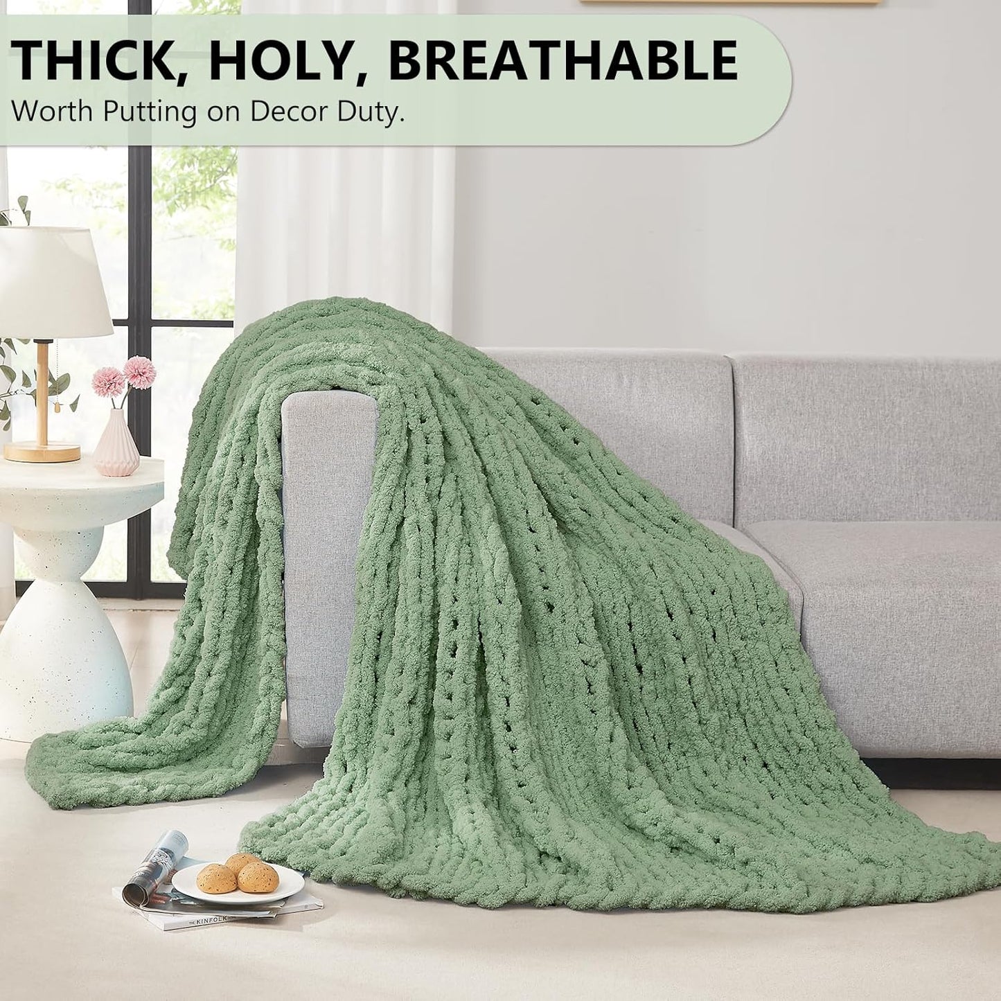L'AGRATY Chunky Knit Blanket Throw: 72''x84'' Chenille Chunky Knitted Throw Blanket for Bed Couch - Handmade Thick Big Cable Knit Blanket - Large Chunky Crochet Blanket for Home Decor(Sage Green)
