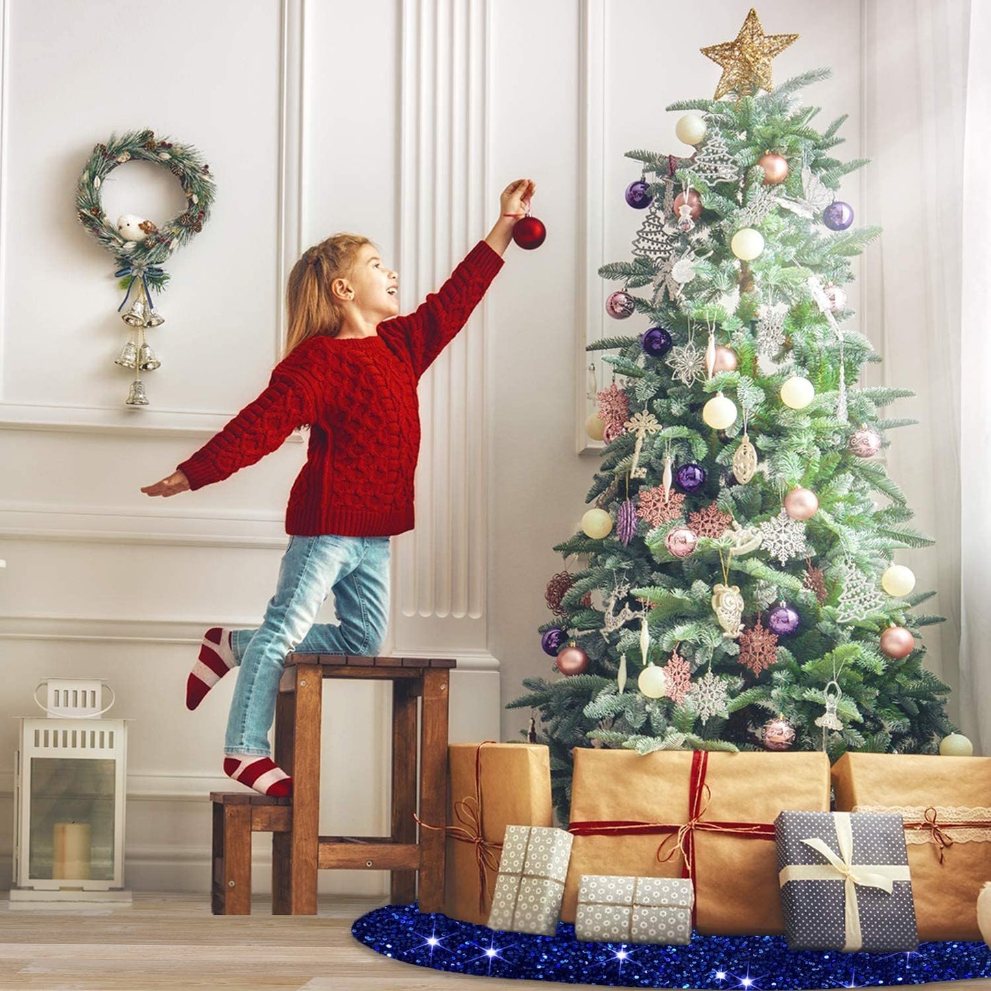 MODFUNS Blue Christmas Tree Skirt Decorations 36 Inches Sequin Christmas Tree Skirt Sparkly Tree Mat Embroidery Velvet Tree Skirts Xmas Ornaments Halloween Tree Cover Skirt Round Sequin Tree Base Mat