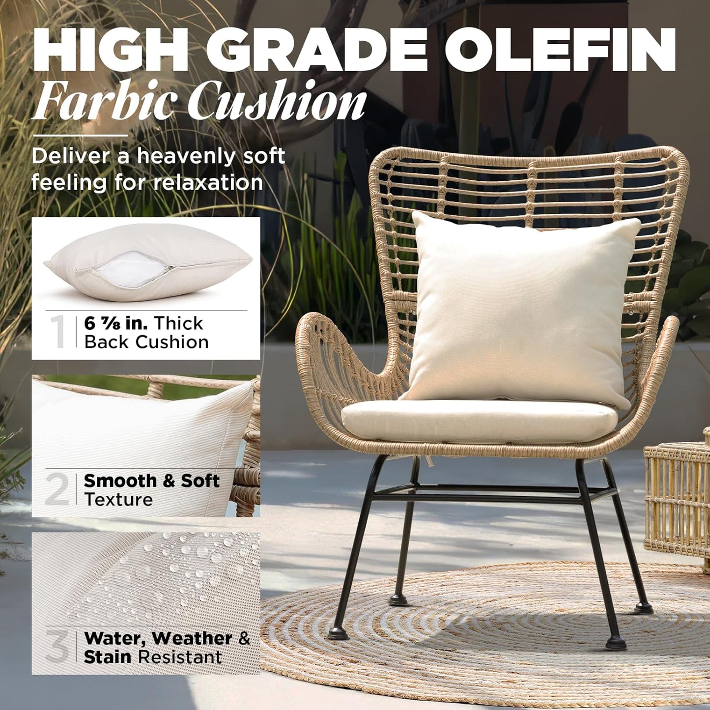 IDZO Isabelle Upgraded 2000 Hours UV Wicker Chairs Outdoor Set of 2, 500 lbs Capacity Outdoor Patio Chair, All-Weather Club Chair with Water-Resistant Olefin Cushions, Boho Style, Beige