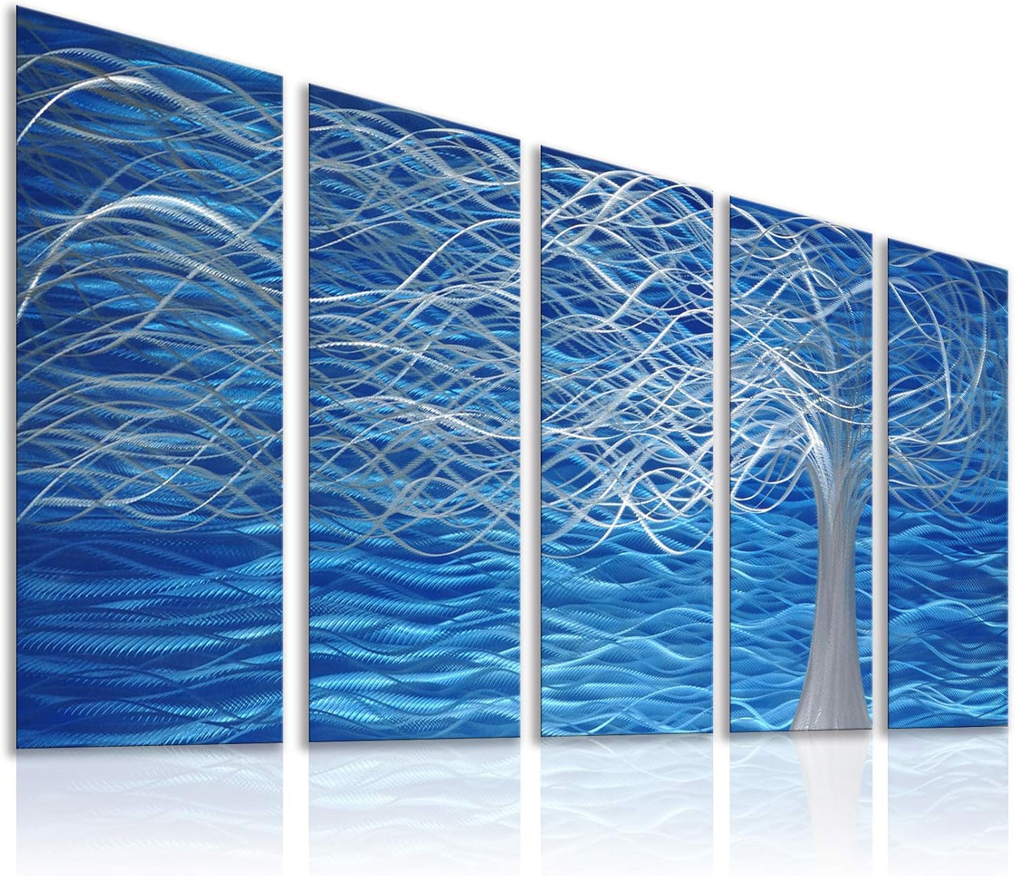 Unique Metal Wall Sculpture, Metal Wall Art with Tree Painting Design, Abstract Modern and Contemporary Décor, Aluminum Blue Artwork, Indoor and Outdoor decoration, 5 panels 64"Wx24"H