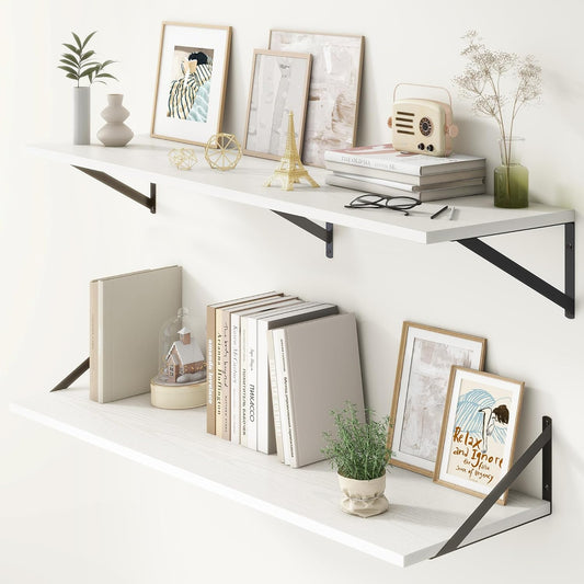 12 Inch Deep Floating Shelves, White Floating Shelves 48W x 12D, Deep Wall Shelves Bracket Set of 2, Large Display Hanging Floating Shelf for Bathroom, Living Room, Wide Storage Wooden Wall Shelf