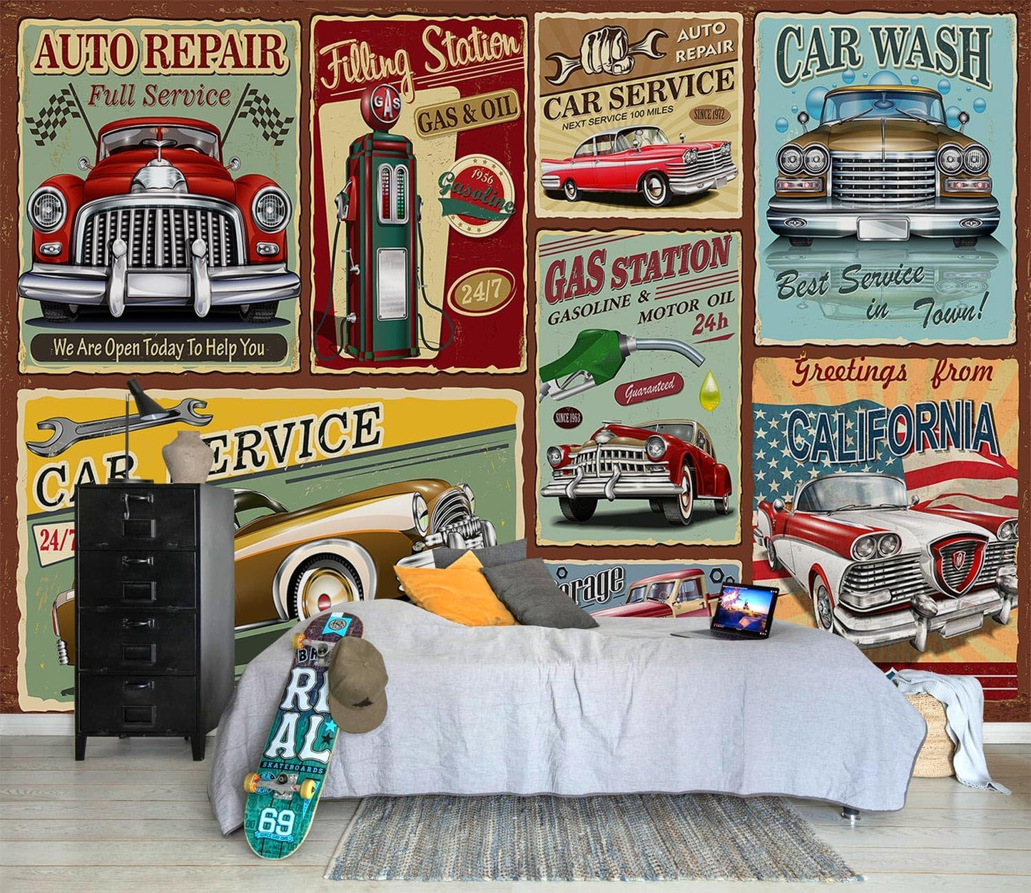 AFZEVEB-Car Poster Wallpaper Vintage Wall murals for Bedroom 159"x107" (Not Peel and Stick)