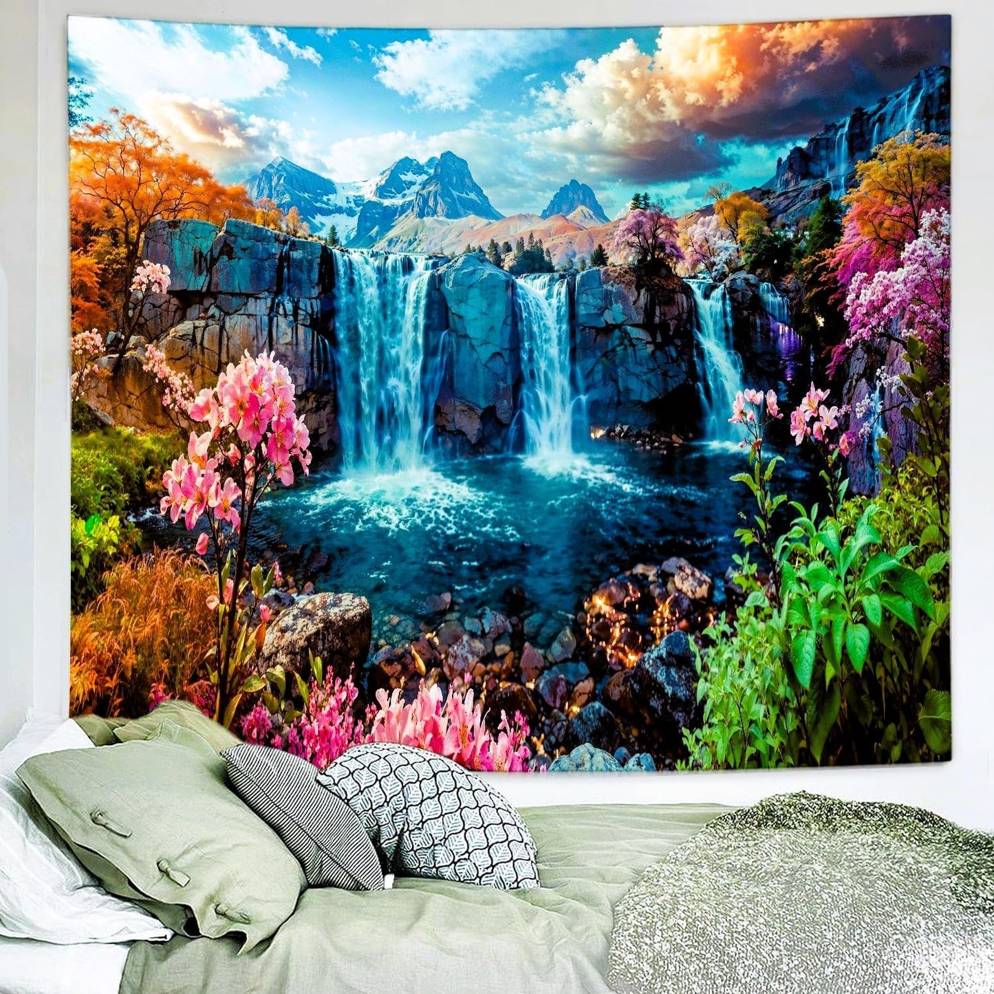 Delur Waterfall Tapestry Tropical Forest Mountain Sunset Tree Wall Hanging Tapestry Scenic Rainforest Landscape Nature Sunrise Headboard for Bedroom Living Room Home Decor (70.8" x 92.5")