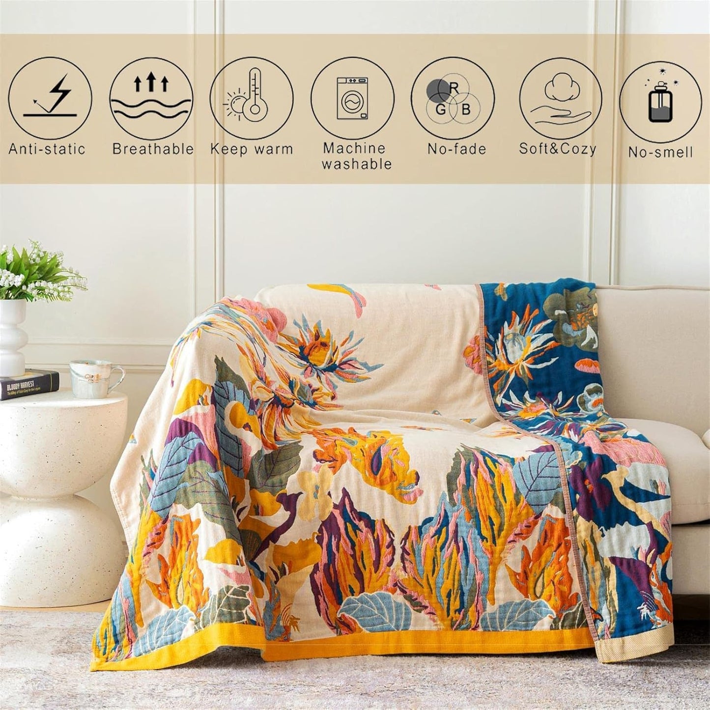 MSGKV Boho Throw Blanket Queen Size 90" x 90" Warm Blanket for Couch and Sofa Blankets Cover for Living Room Summer Throw Cozy Blanket