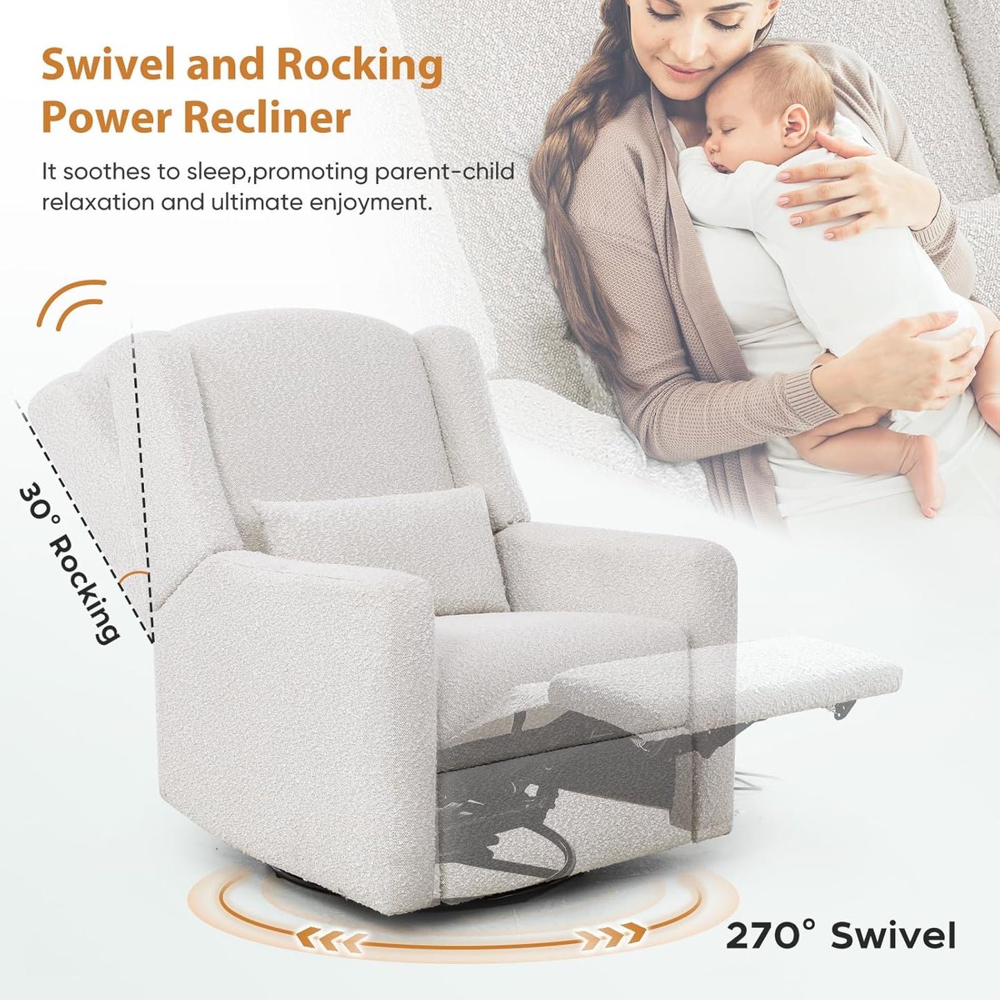 Power Recliner Chair Swivel Glider, Large Rocker Recliner w/USB Charging Port, Boucle Upholstered Swivel Rocker Glider Recliner for Nursery,Bedroom,Living Room,Set of 2,Cream
