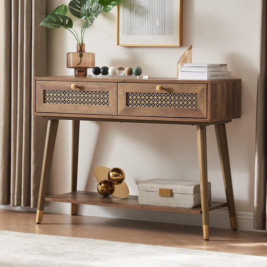 Narrow Sofa Table with Two Drawers and Shelf, Modern Style Wooden Console Table for Living Room, Entryway, Hallway, Rustic Oak