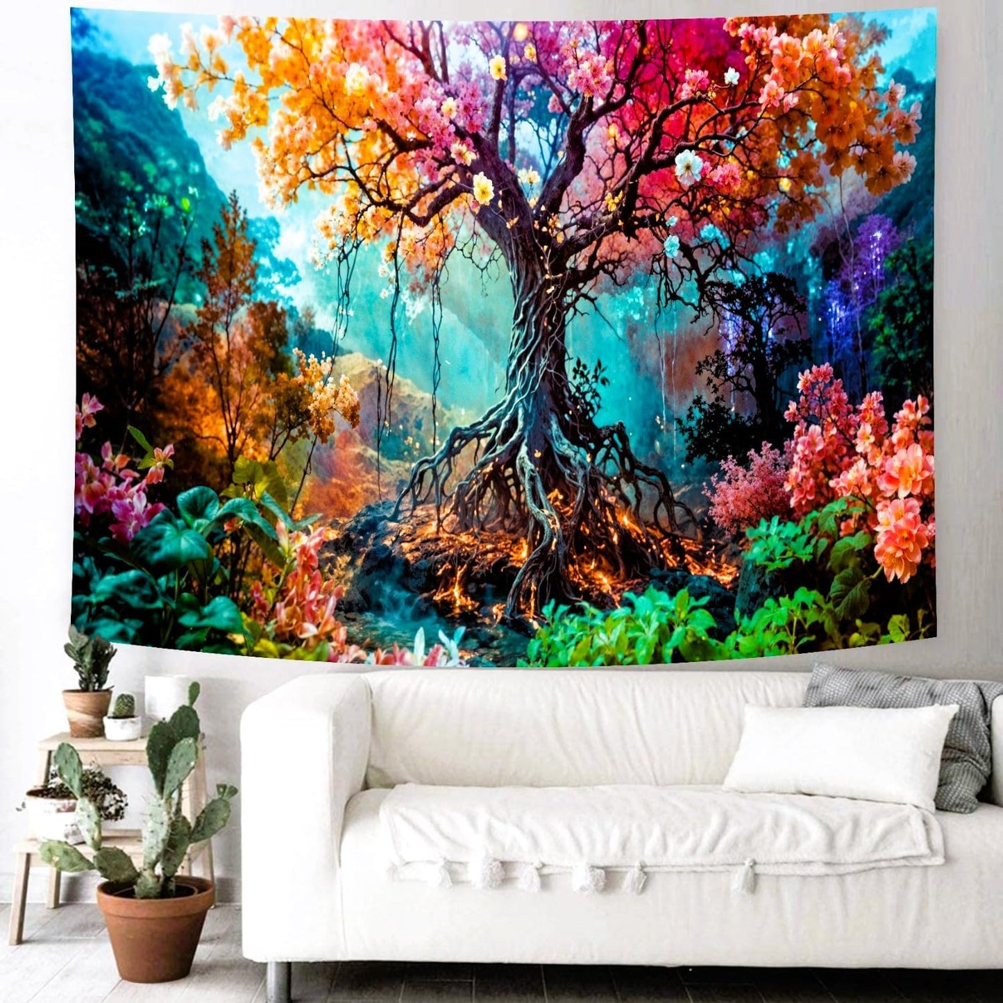 Delur Forest Tapestry Tree of Life Fantasy Tropical Rainforest Tapestry Wall Hanging Colorful Nature Mystical Landscape Psychedelic Spiritual Headboard for Bedroom Living Room Home Decor (59.1" x 78.7")